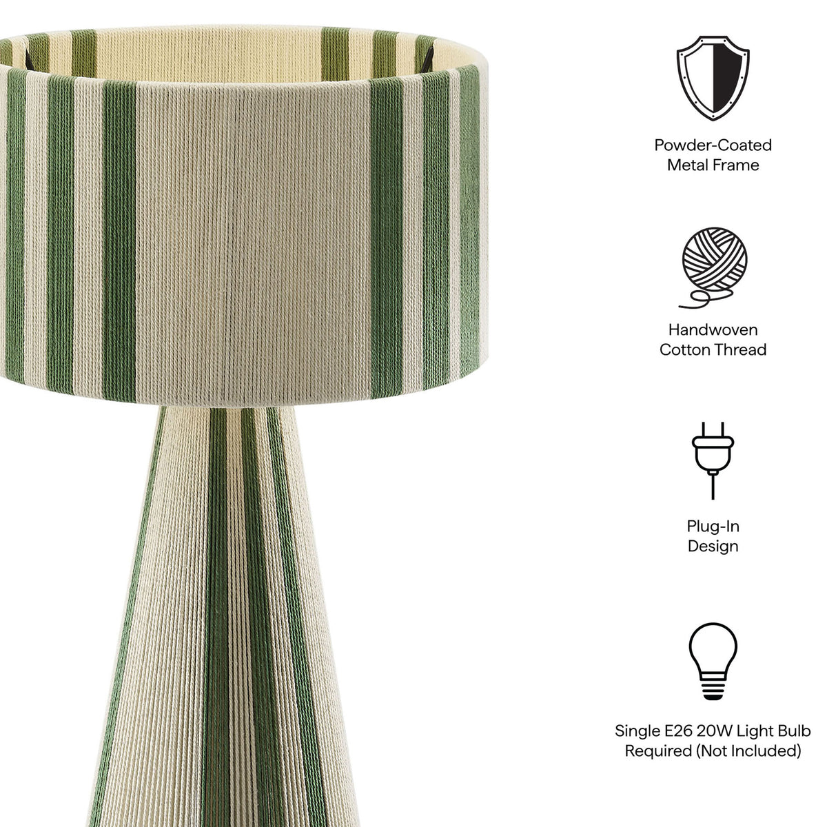 Features basil green handwoven cotton, powder-coated frame, and plug-in design with E26 bulb. || EEI-7262-BAS || callout_studio