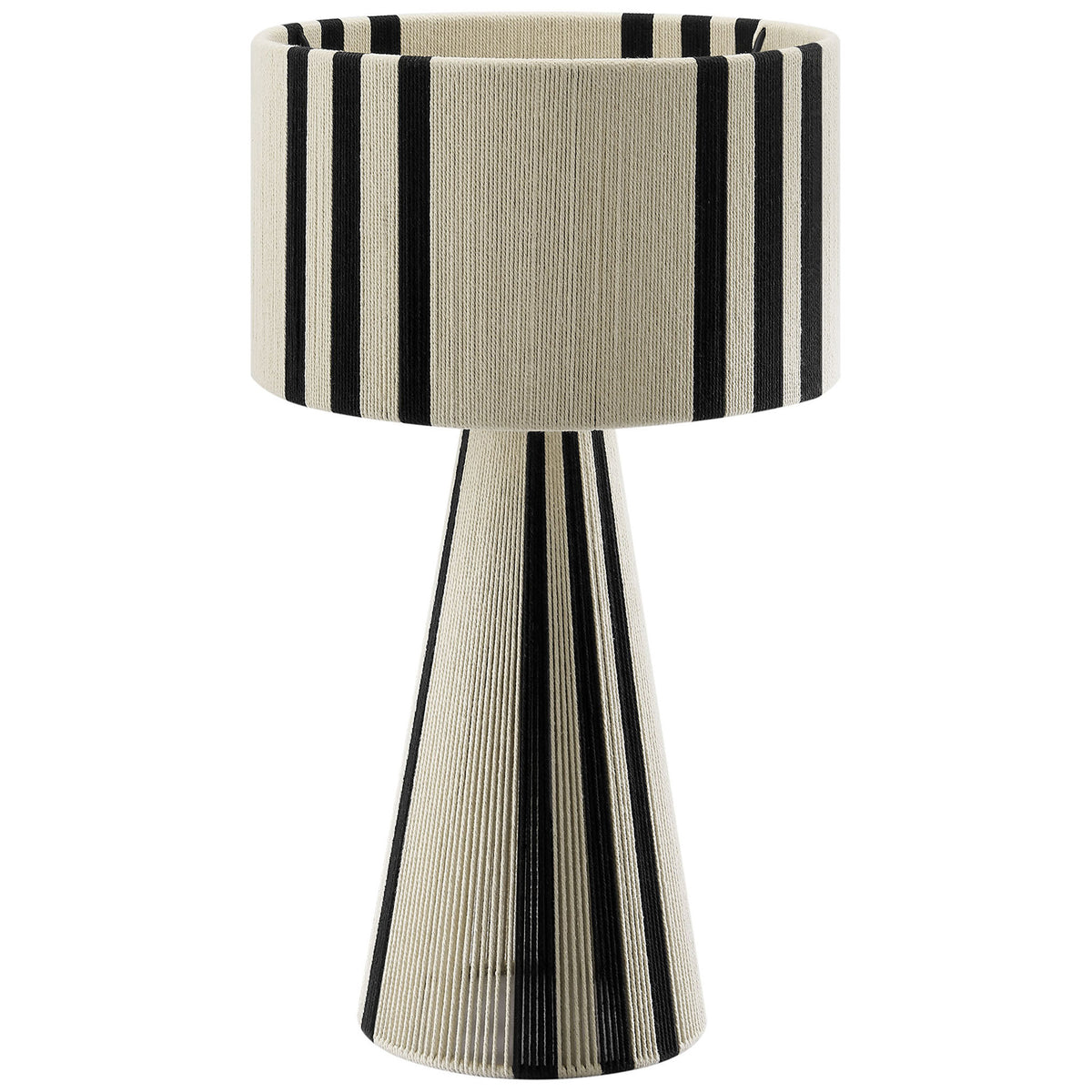 Black striped cotton thread table lamp with sculptural conical base and drum shade. || EEI-7262-BLK || front_studio