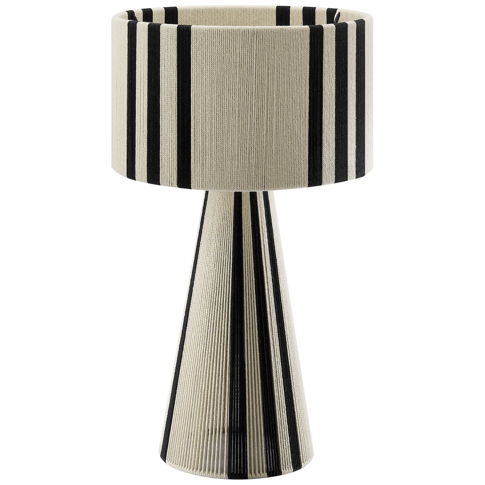 Black striped cotton thread table lamp with sculptural conical base and drum shade. || EEI-7262-BLK || front_studio