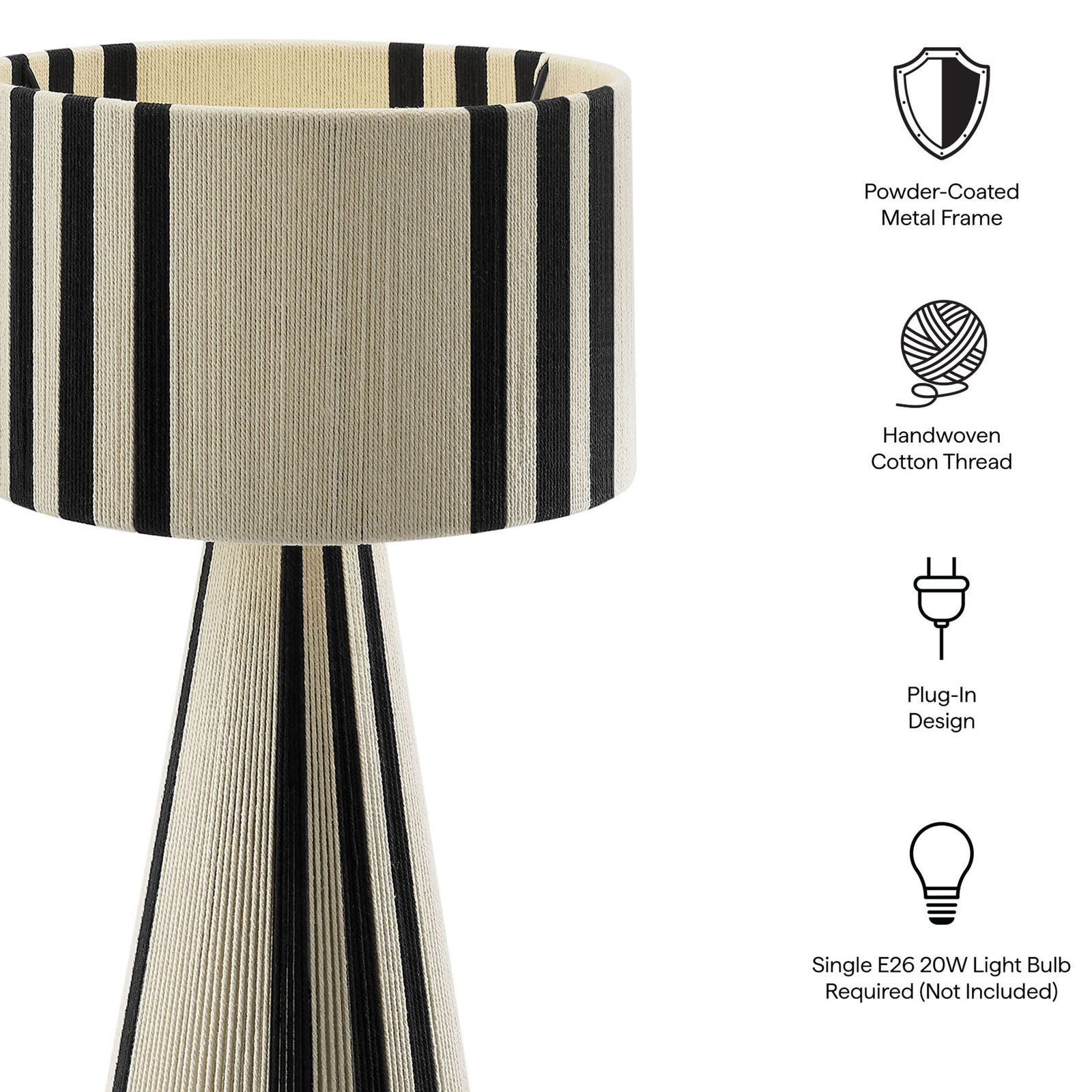 Features black handwoven cotton, powder-coated frame, plug-in design, and E26 bulb requirement. || EEI-7262-BLK || callout_studio