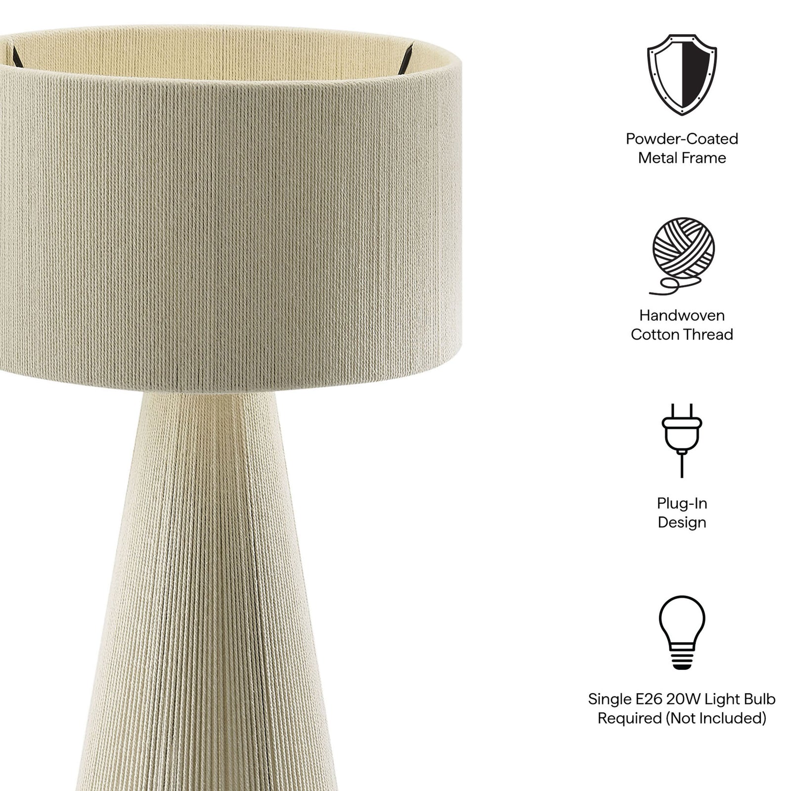 Features natural handwoven cotton, powder-coated frame, plug-in design, and E26 bulb requirement. || EEI-7262-NAT || callout_studio