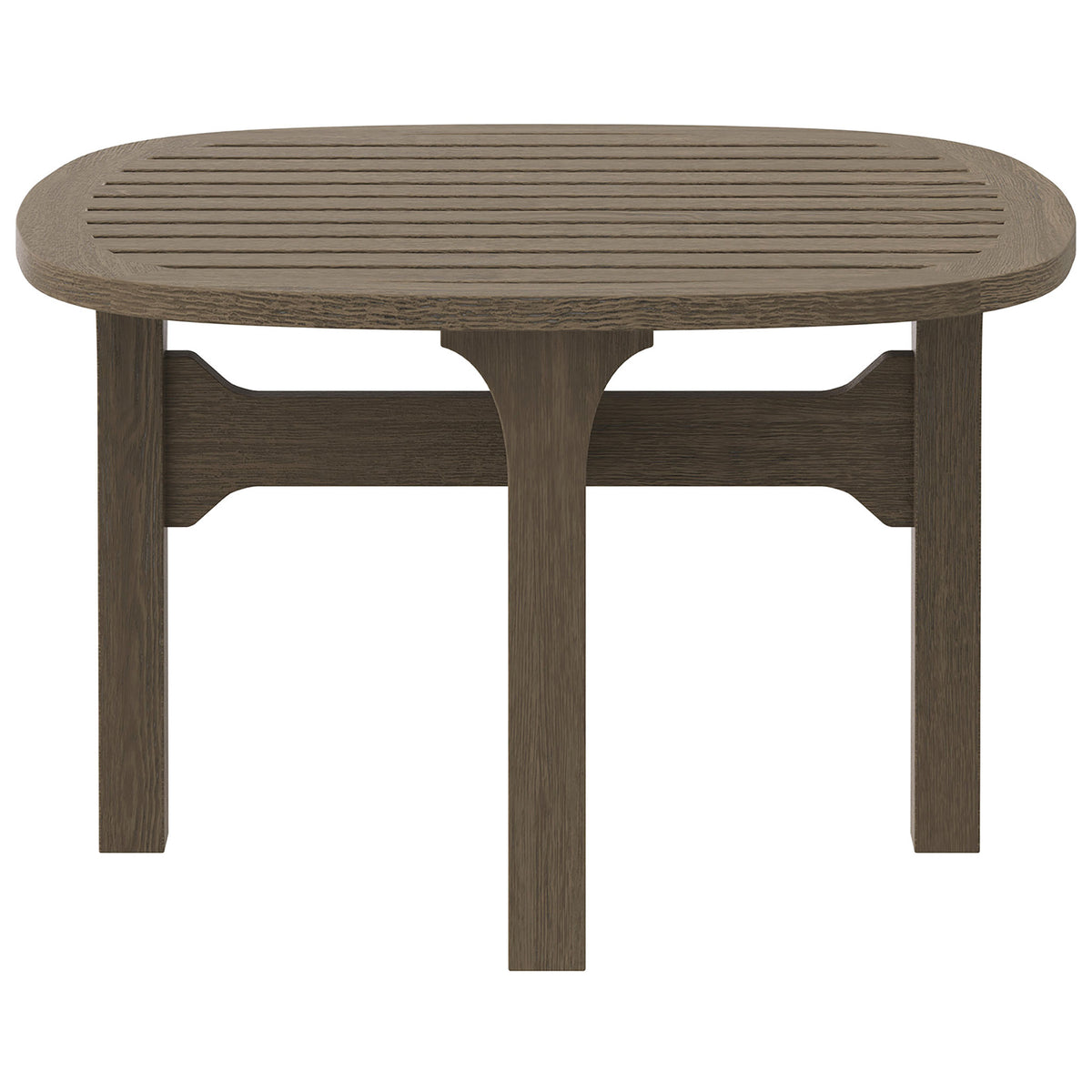 Saratoga weathered gray teak outdoor side table with rounded square slatted top and sturdy legs || EEI-7263-WGR || front_studio