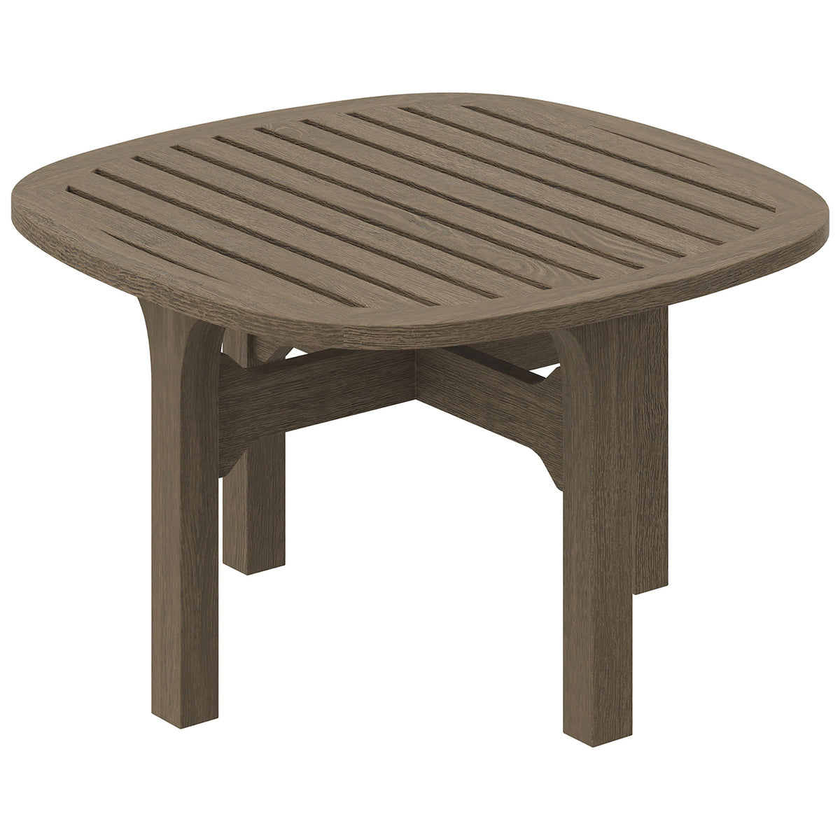 Weathered gray teak square patio side table featuring a thick slatted top and solid straight legs || EEI-7263-WGR || front_angle_studio