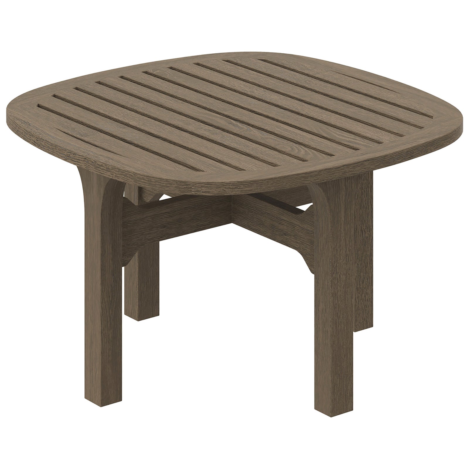 Weathered gray teak square patio side table featuring a thick slatted top and solid straight legs || EEI-7263-WGR || front_angle_studio