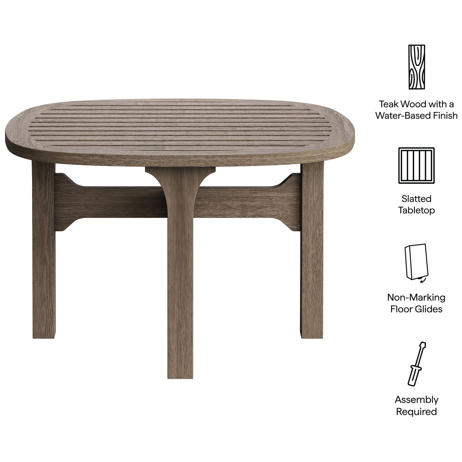 Saratoga weathered gray teak side table highlighting slatted top durable finish non marking glides and easy assembly || EEI-7263-WGR || callout_studio