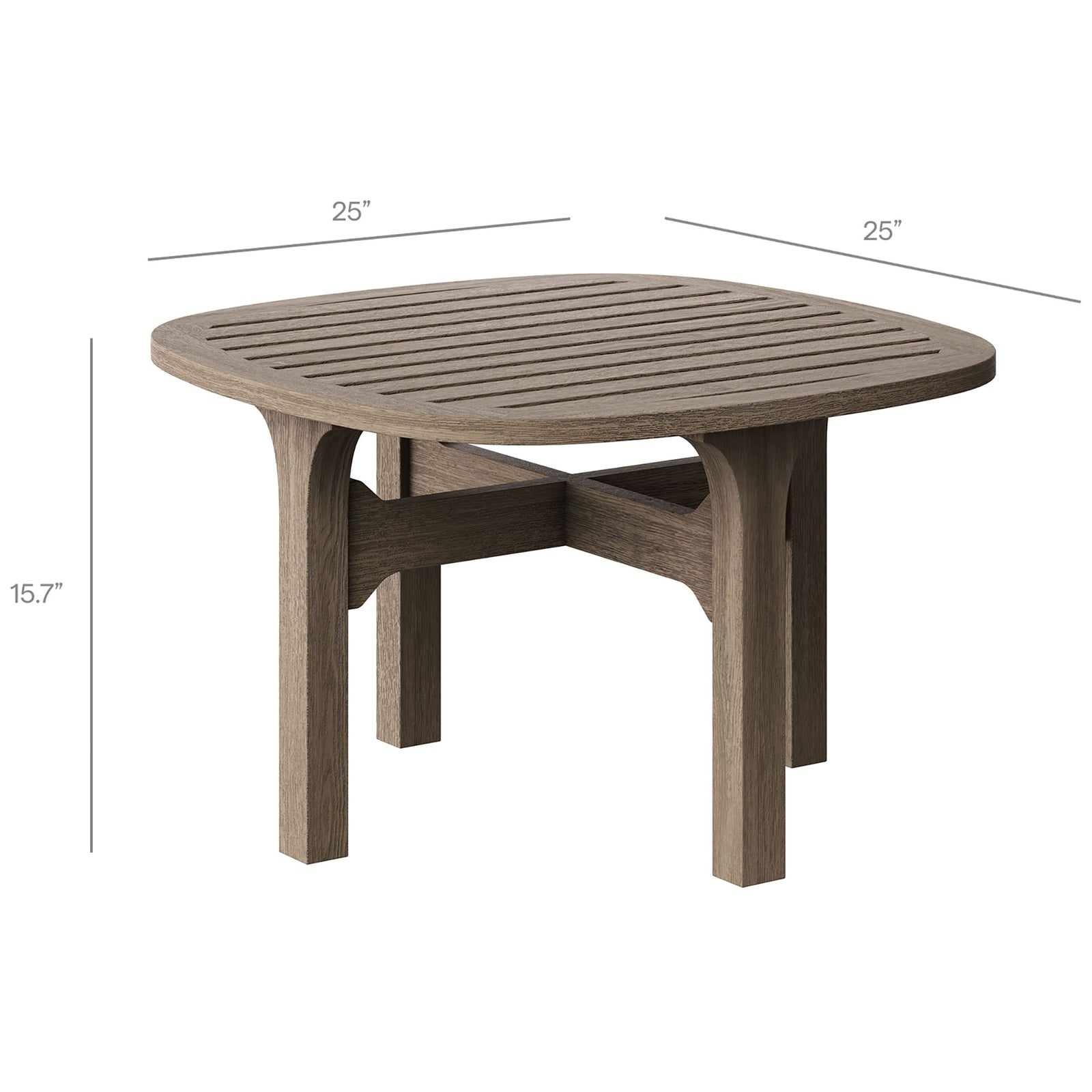 Saratoga weathered gray teak side table with 25 inch rounded square slatted top and 15.7 inch height || EEI-7263-WGR || dimension_studio