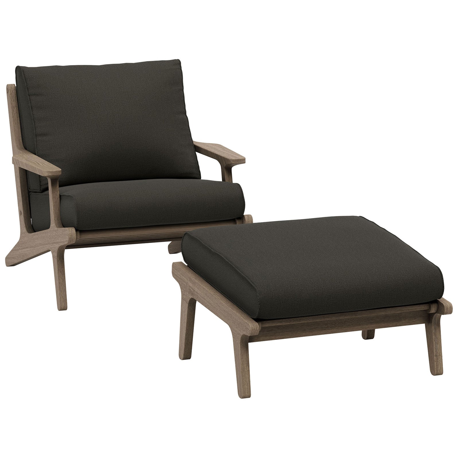 Saratoga teak outdoor chair and ottoman with deep flint gray cushions and sculpted arms || EEI-7268-WGR-FLI || front_angle_studio