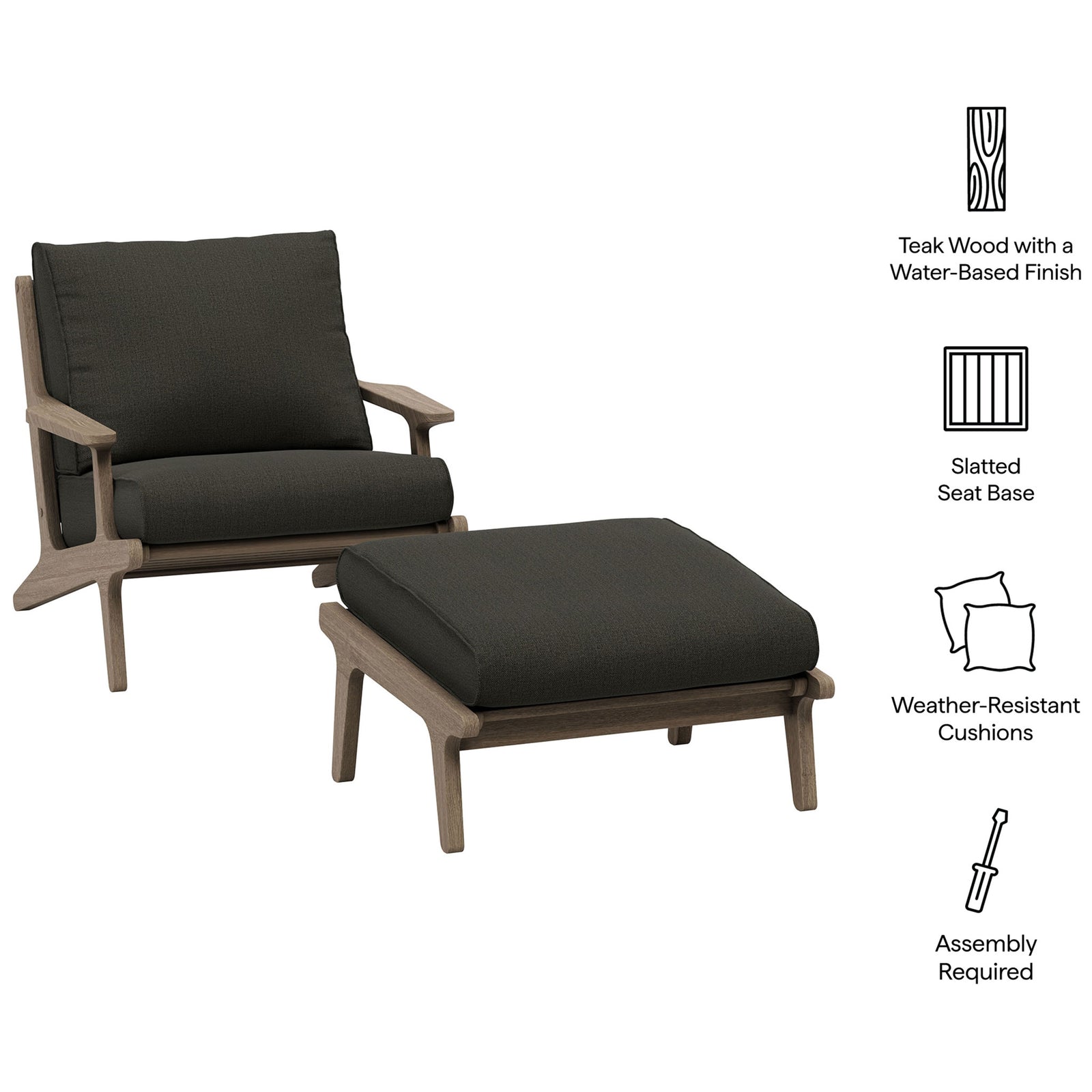 Feature view of Saratoga teak chair and ottoman highlighting slatted base and weather resistant cushions || EEI-7268-WGR-FLI || callout_studio
