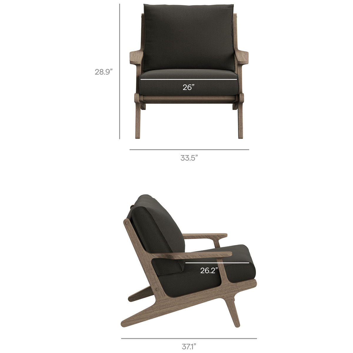 Saratoga flint gray lounge chair with wide cushioned seat and supportive angled teak frame || EEI-7268-WGR-FLI || dimension_studio