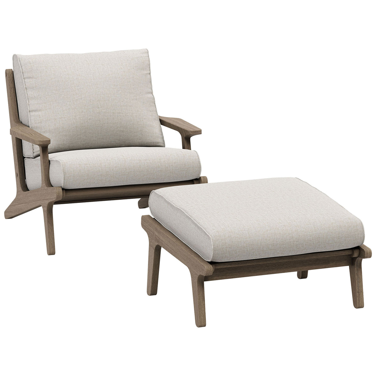 Saratoga teak outdoor chair and ottoman with pebble beige cushions for airy coastal style || EEI-7268-WGR-PEB || front_angle_studio