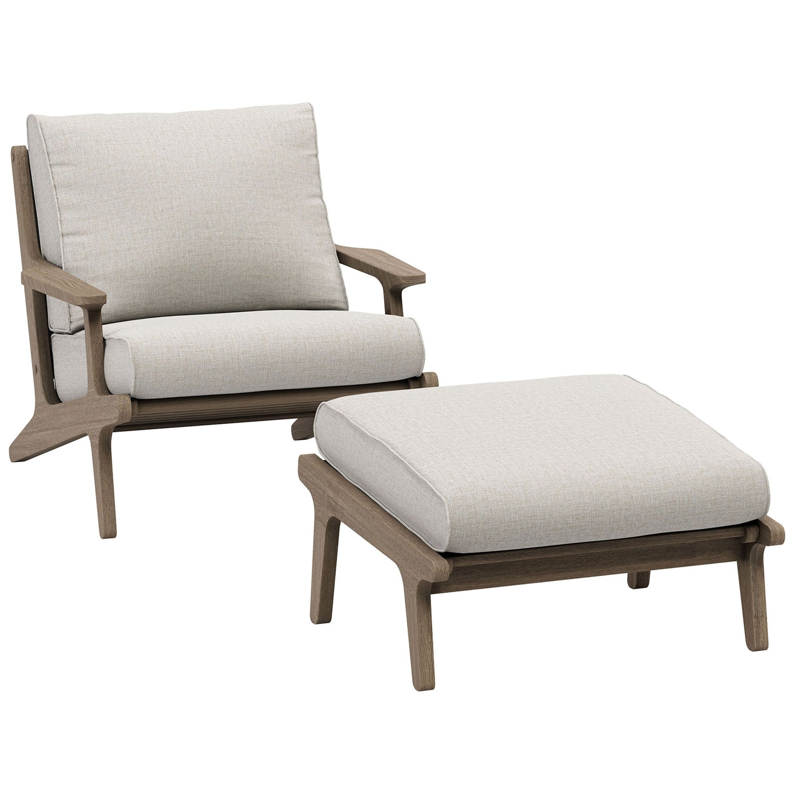 Saratoga teak outdoor chair and ottoman with pebble beige cushions for airy coastal style || EEI-7268-WGR-PEB || front_angle_studio