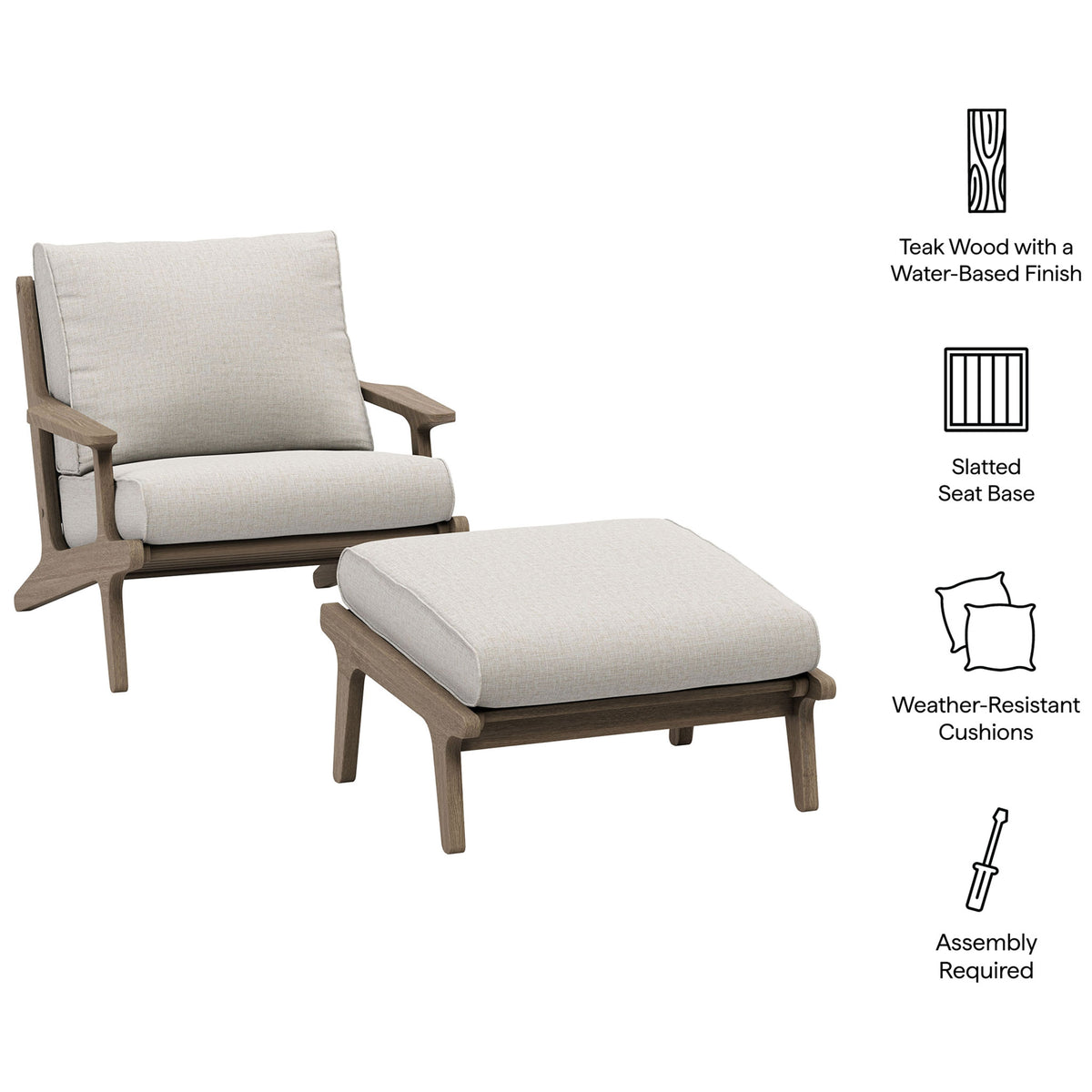 Feature view of Saratoga pebble chair and ottoman highlighting slatted teak base and weather resistant cushions || EEI-7268-WGR-PEB || callout_studio