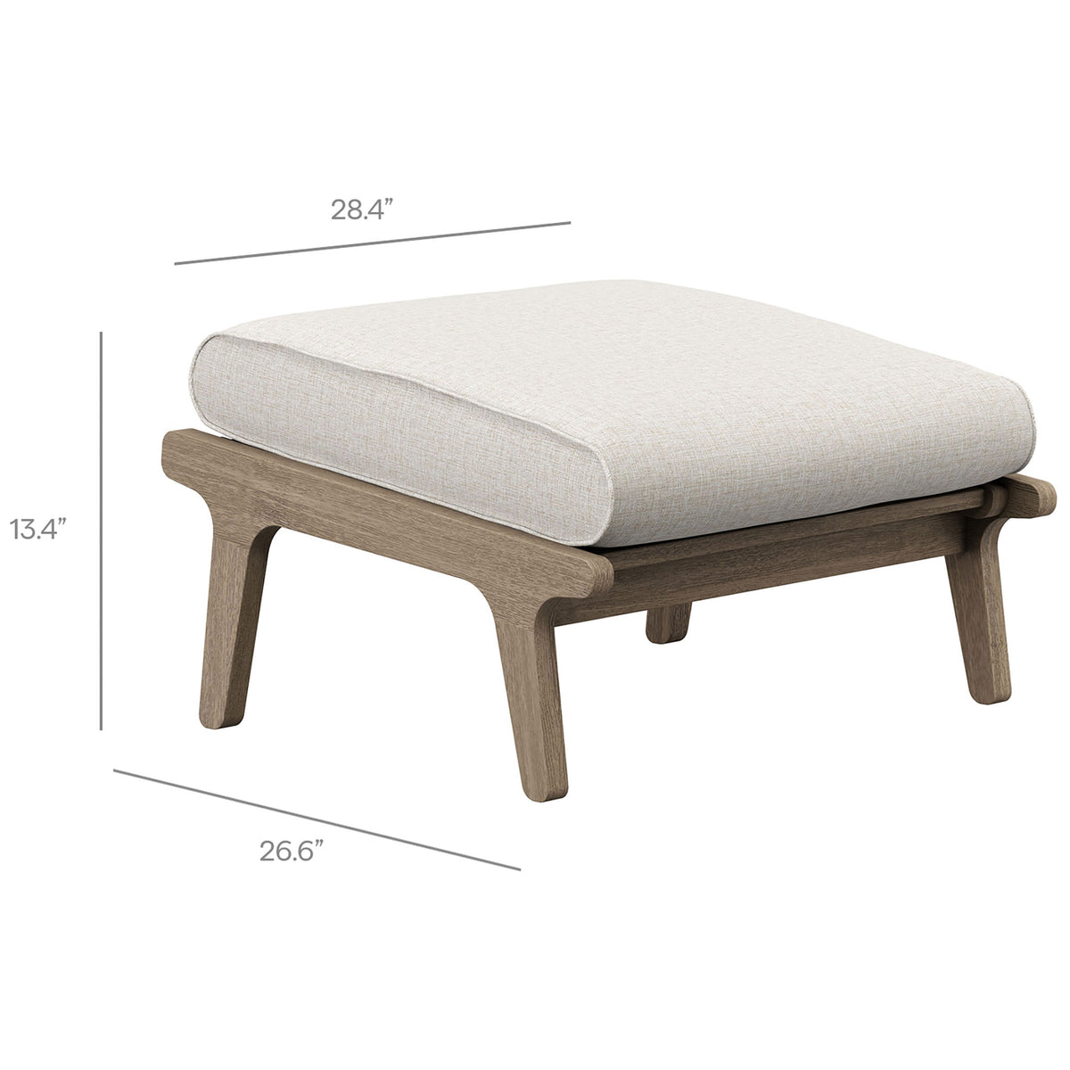 Saratoga pebble cushioned ottoman with minimalist teak frame sized for relaxed outdoor lounging || EEI-7268-WGR-PEB || dimension_studio