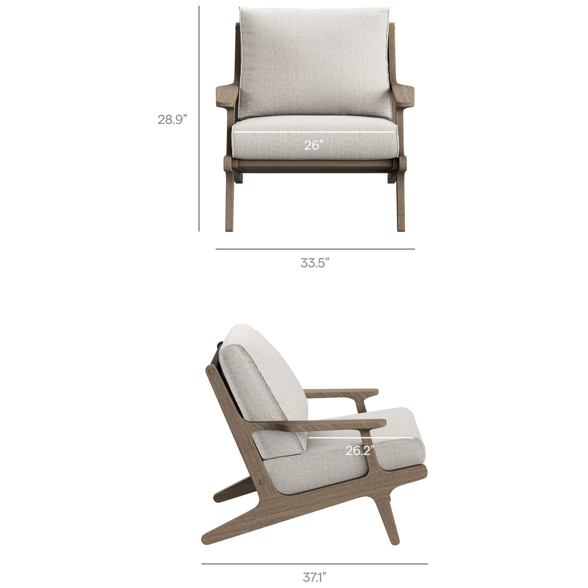 Saratoga pebble lounge chair with generously padded seat and supportive angled teak silhouette || EEI-7268-WGR-PEB || dimension_studio