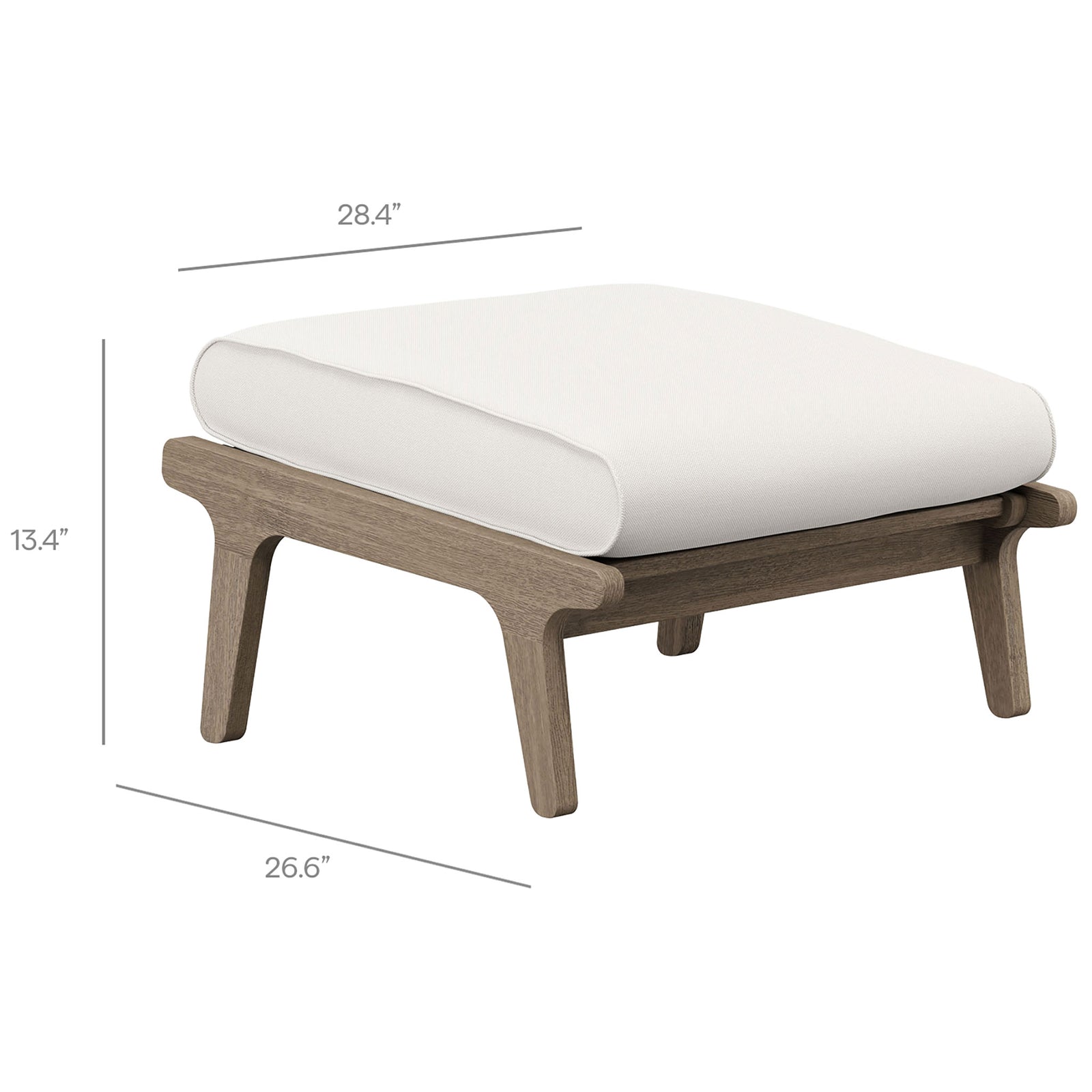 Saratoga white cushioned ottoman with sturdy teak base sized for relaxed outdoor leg support || EEI-7268-WGR-WHI || dimension_studio