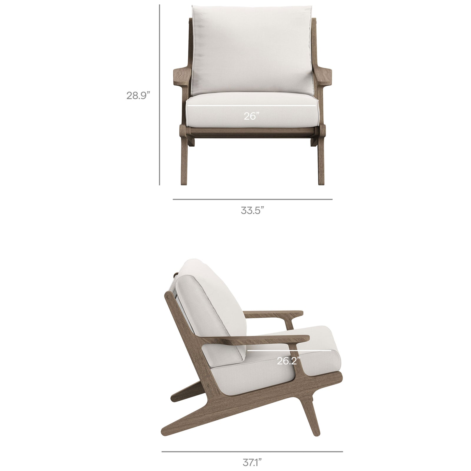 Saratoga white lounge chair with plush cushions and sculpted teak arms for elevated comfort || EEI-7268-WGR-WHI || dimension_studio