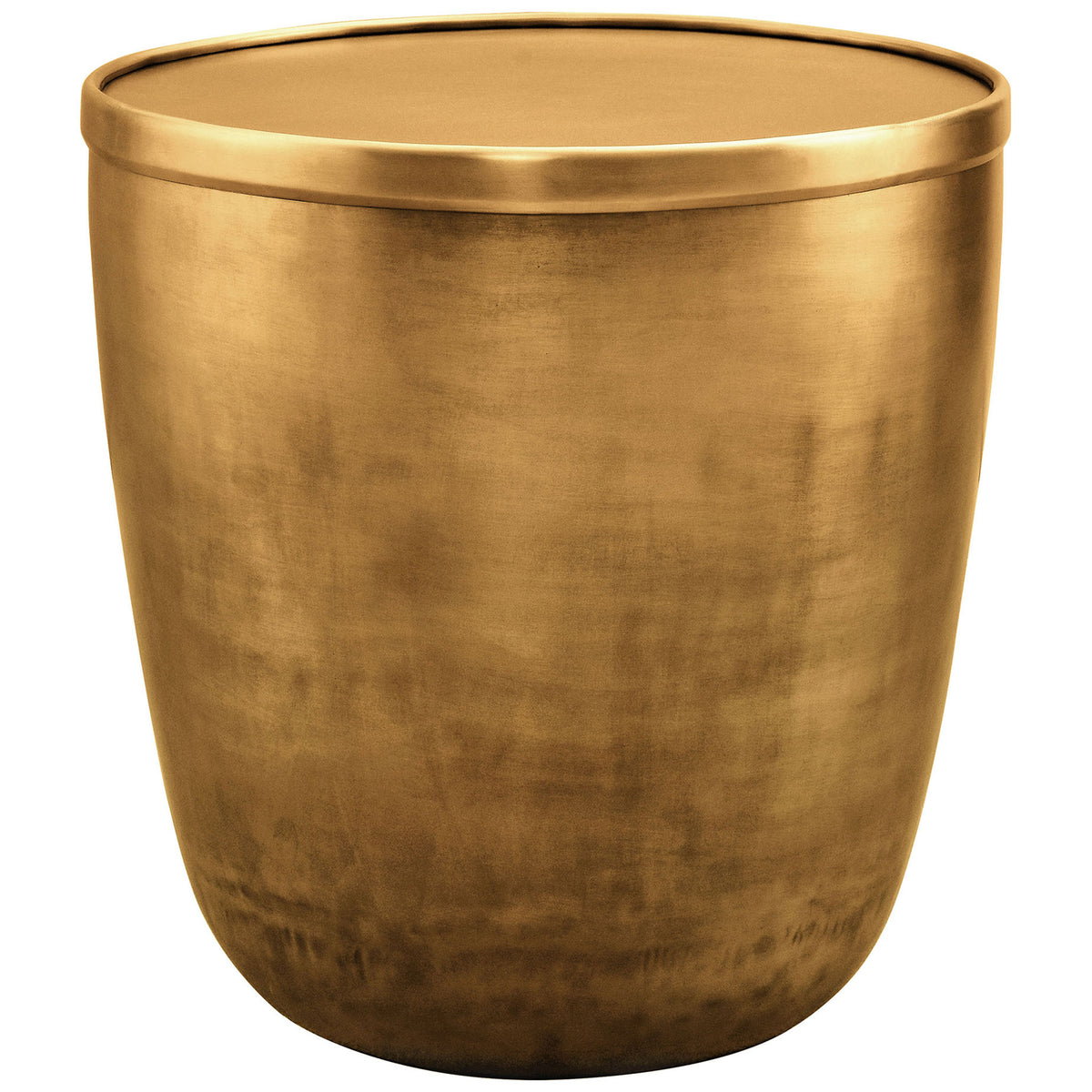 Burnished brass metal storage side table with sleek drum silhouette and smooth removable lid. || EEI-7272-BBR || front_studio