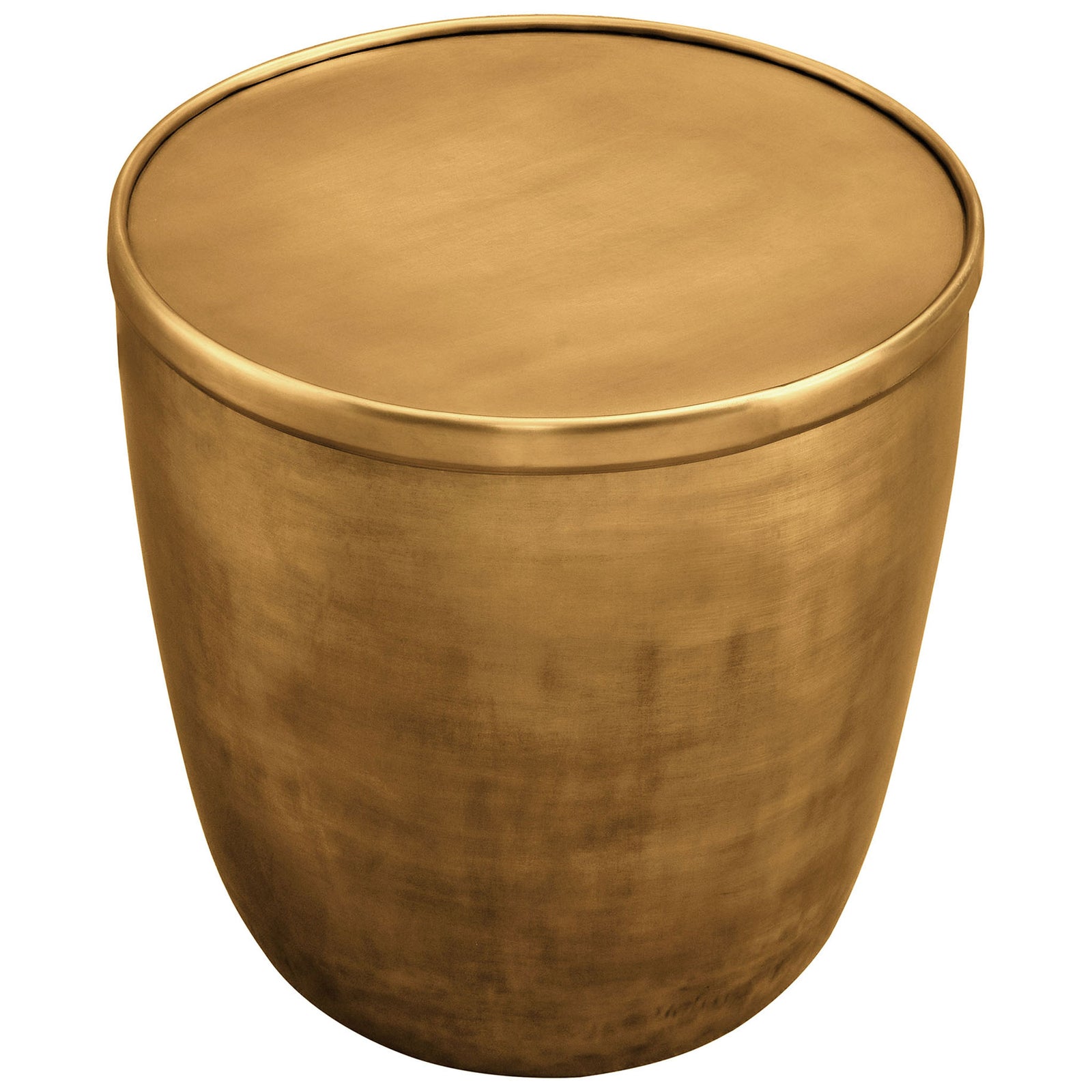 Round metal tabletop in burnished brass showcasing a smooth surface ideal for drinks and decor. || EEI-7272-BBR || top_angle_studio
