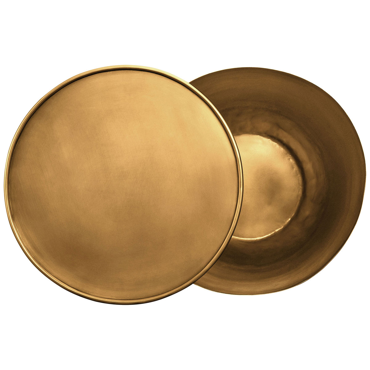 Open Viora metal drum table with burnished brass finish and matching tray lid shown side by side. || EEI-7272-BBR || top_open_studio
