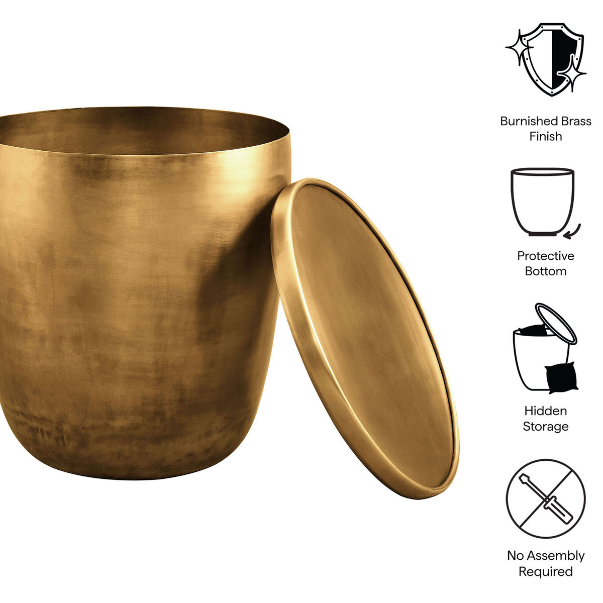Viora metal storage side table in burnished brass with icons calling out finish, storage, and no assembly. || EEI-7272-BBR || callout_studio