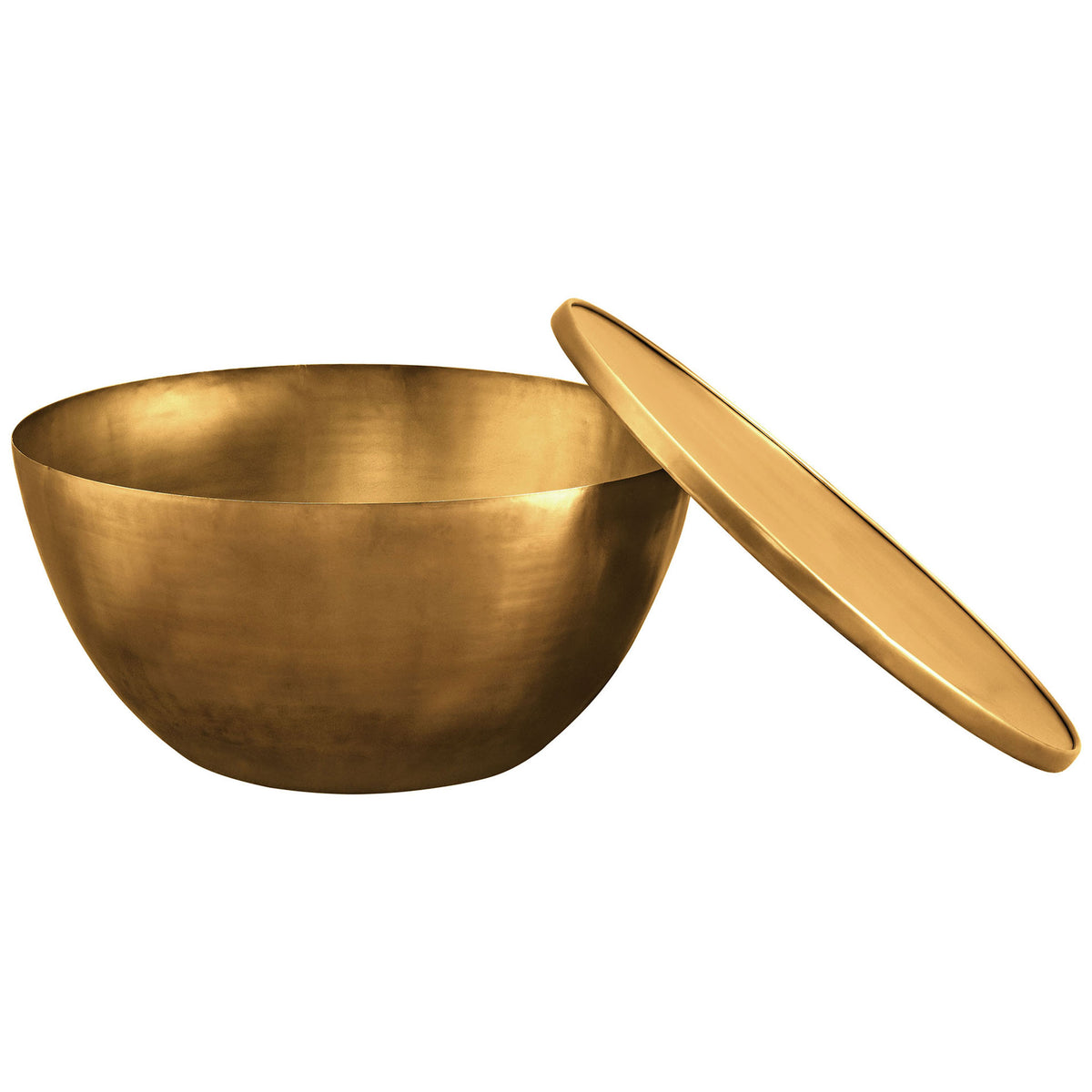 Removable lid reveals generous hidden storage, pairing everyday utility with bold burnished brass style || EEI-7277-BBR || front_angle_open_studio