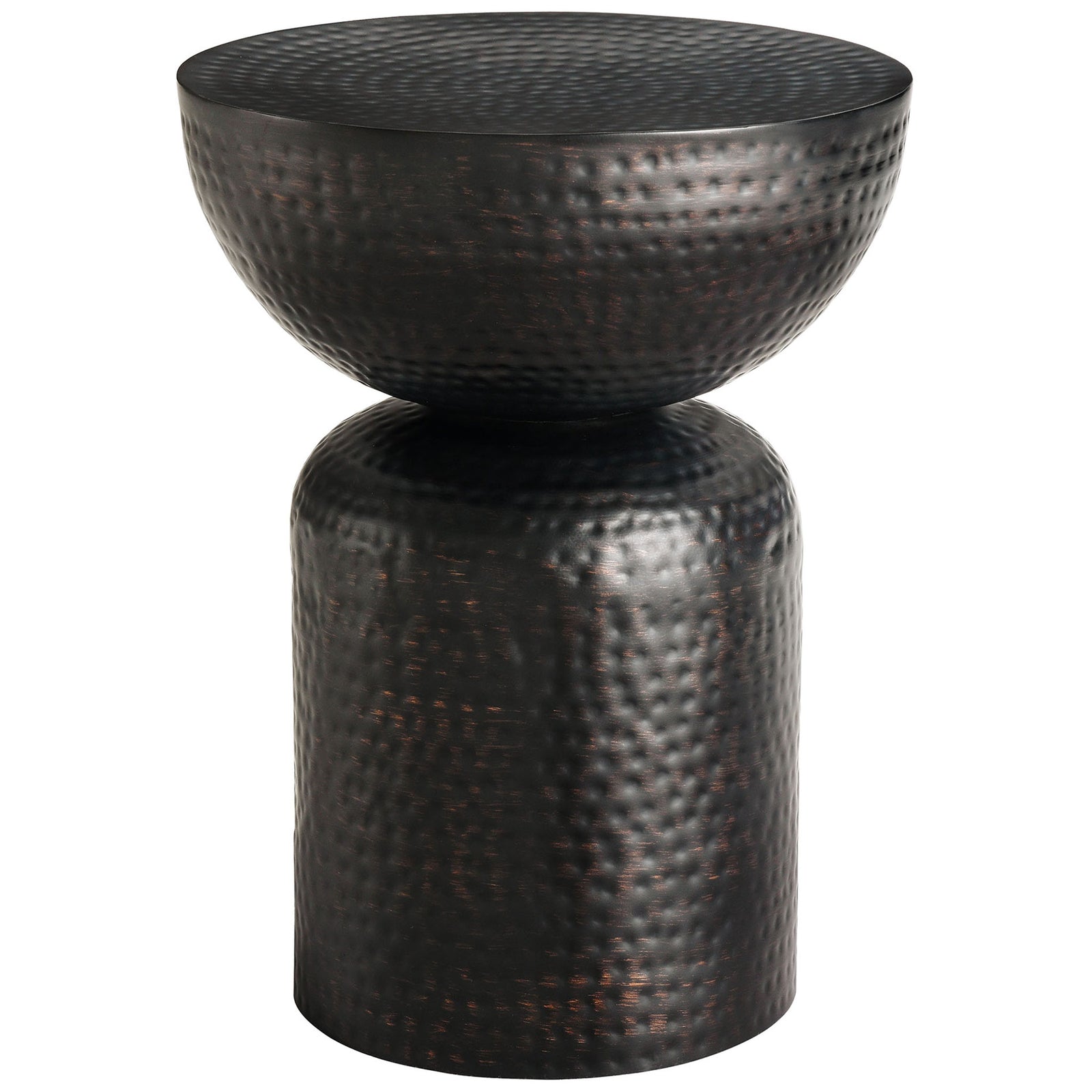 Sculptural black hammered metal pedestal side table with rounded drum silhouette || EEI-7278-BLK || front_angle_studio
