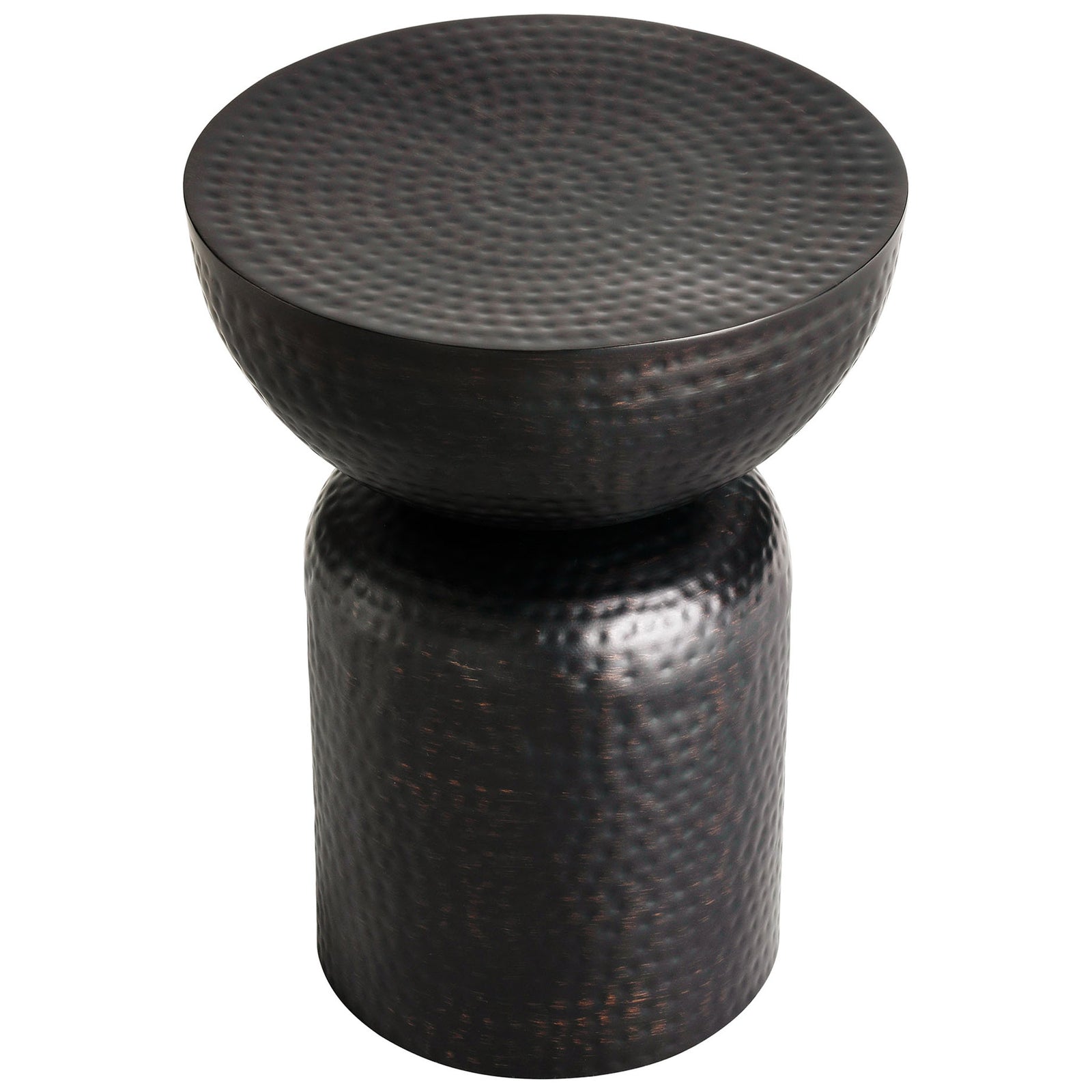 Black hammered metal side table with smooth round top and sturdy pedestal base || EEI-7278-BLK || top_angle_studio