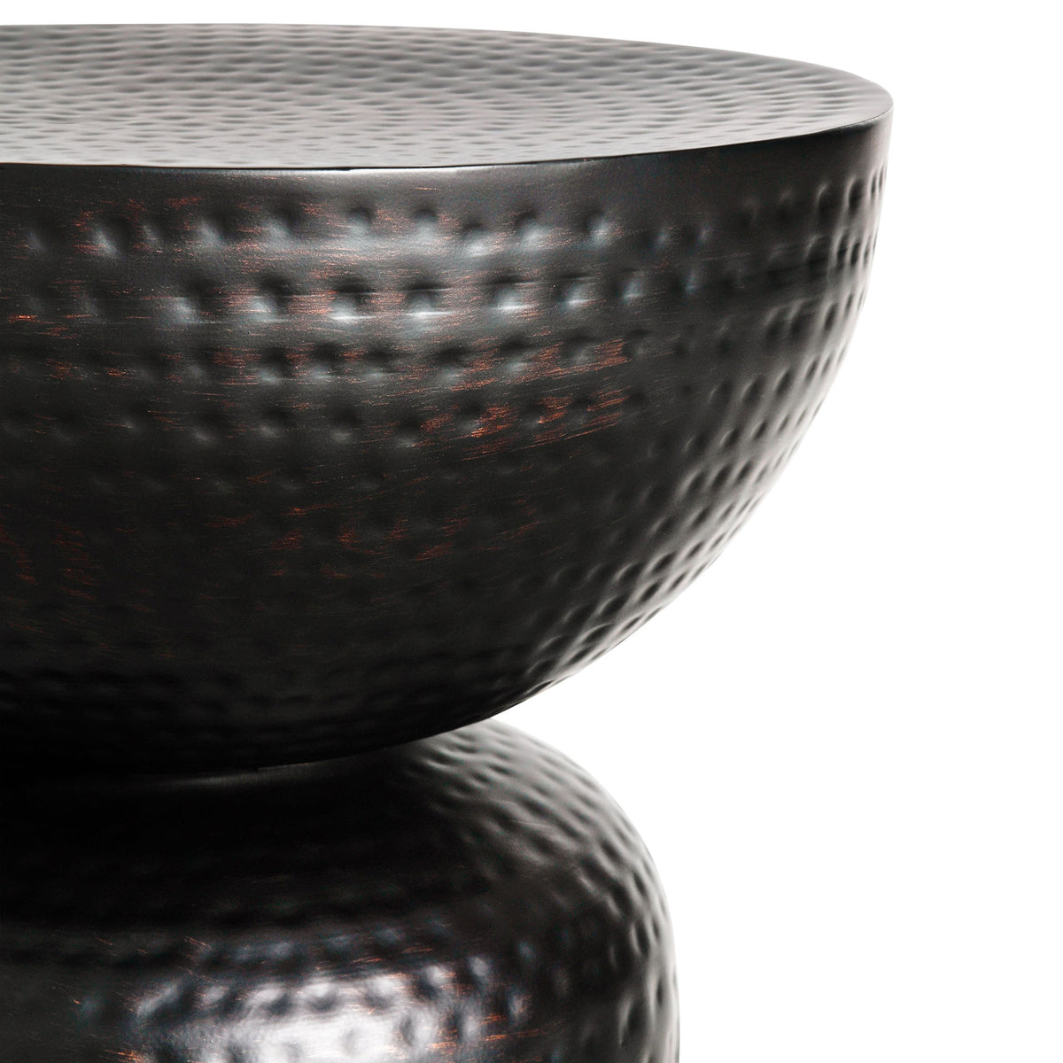 Handcrafted hammered dimples enrich the dark metal bowl top of this modern side table || EEI-7278-BLK || detail_studio