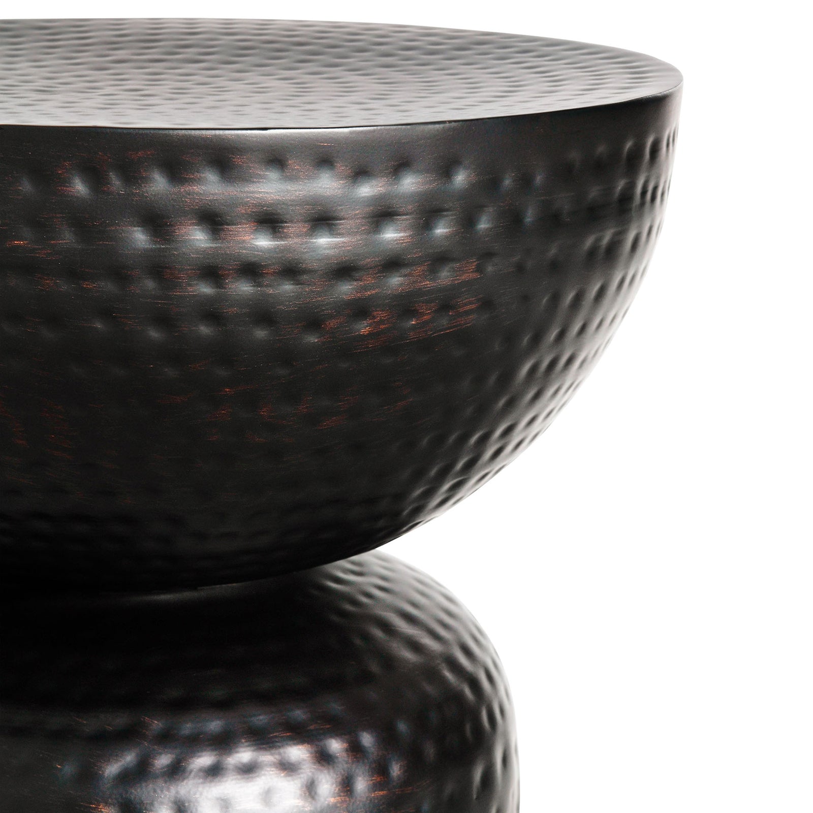 Handcrafted hammered dimples enrich the dark metal bowl top of this modern side table || EEI-7278-BLK || detail_studio