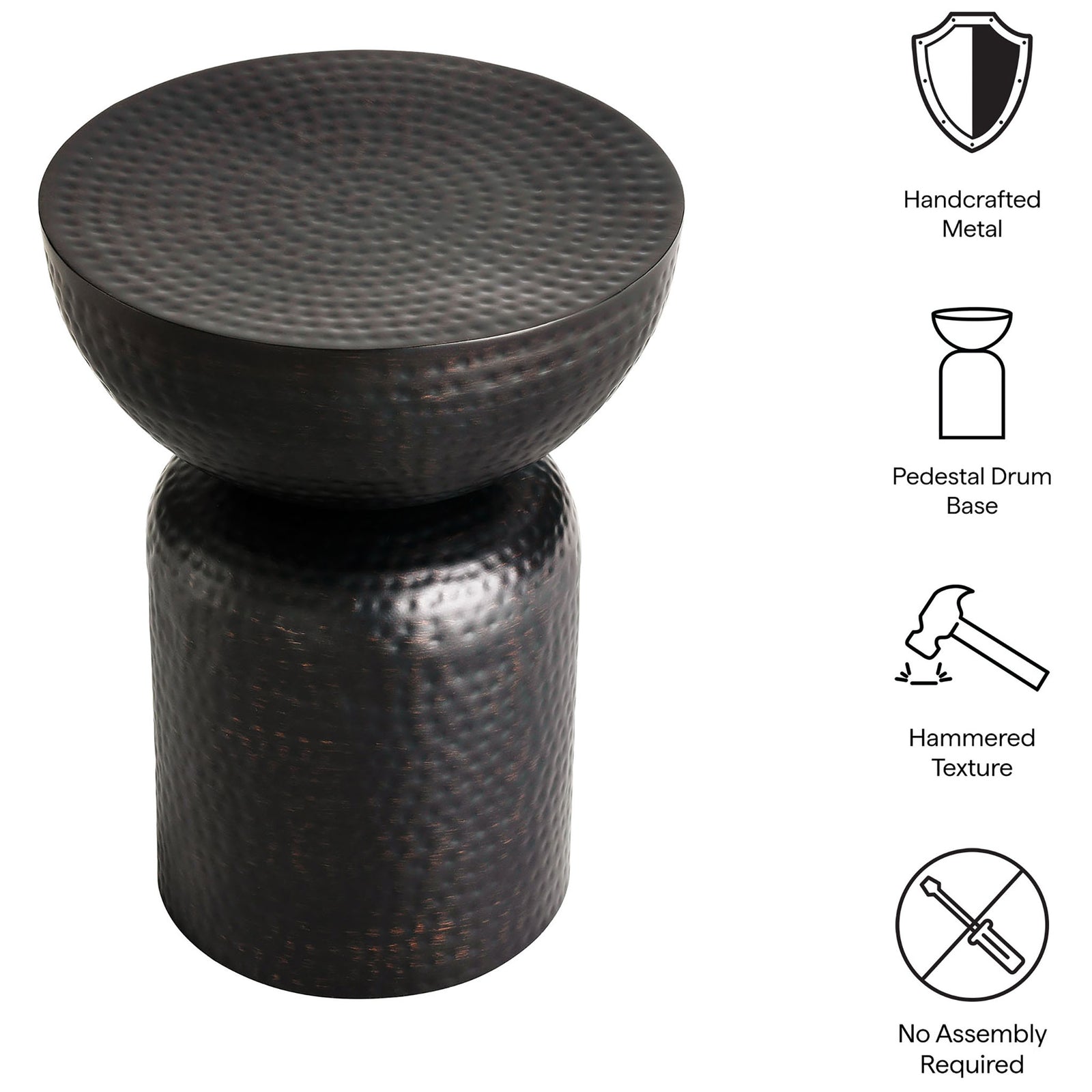 Handcrafted hammered metal pedestal side table with feature icons for no assembly required || EEI-7278-BLK || callout_studio