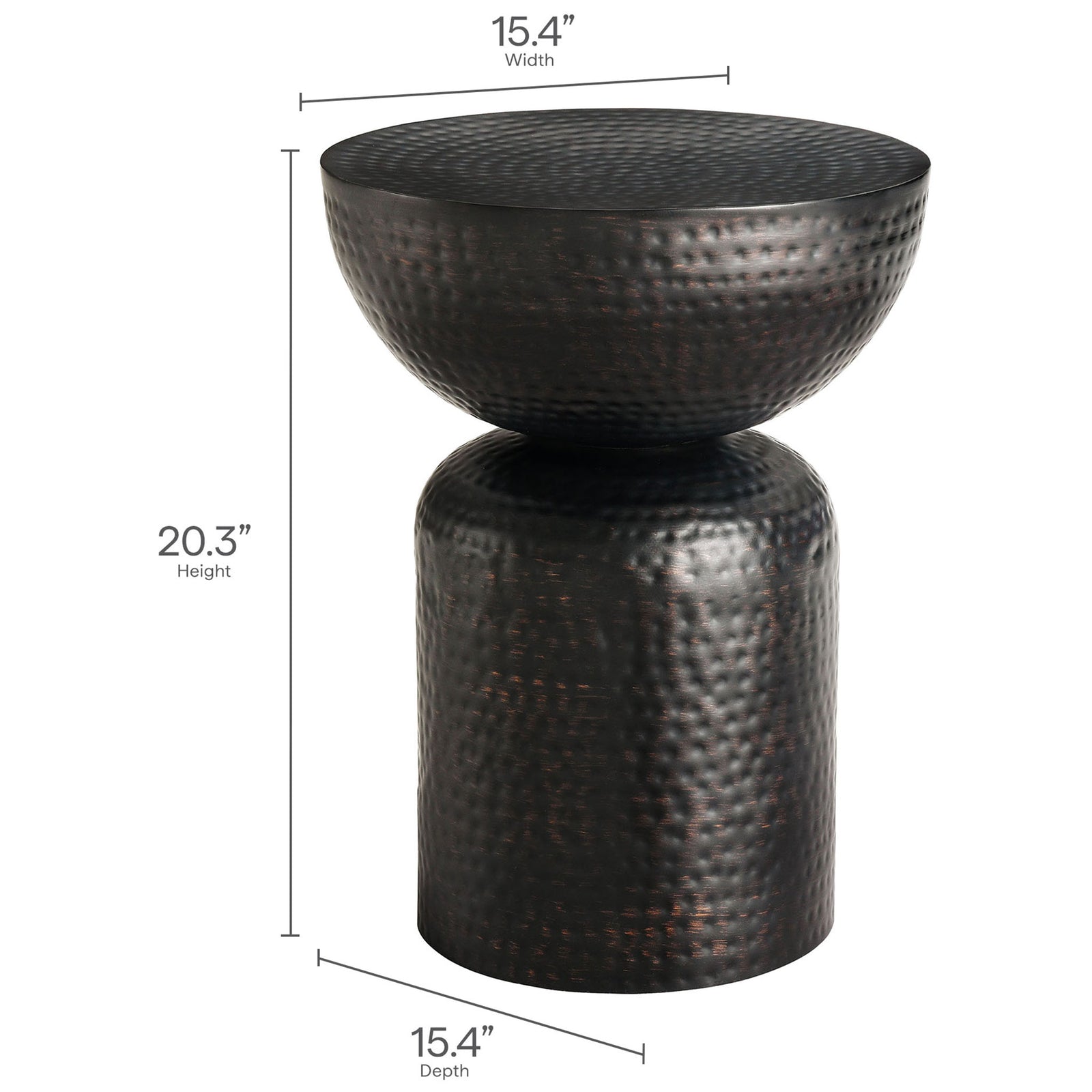 Black hammered metal pedestal side table with width depth and height measurements labeled || EEI-7278-BLK || dimension_studio