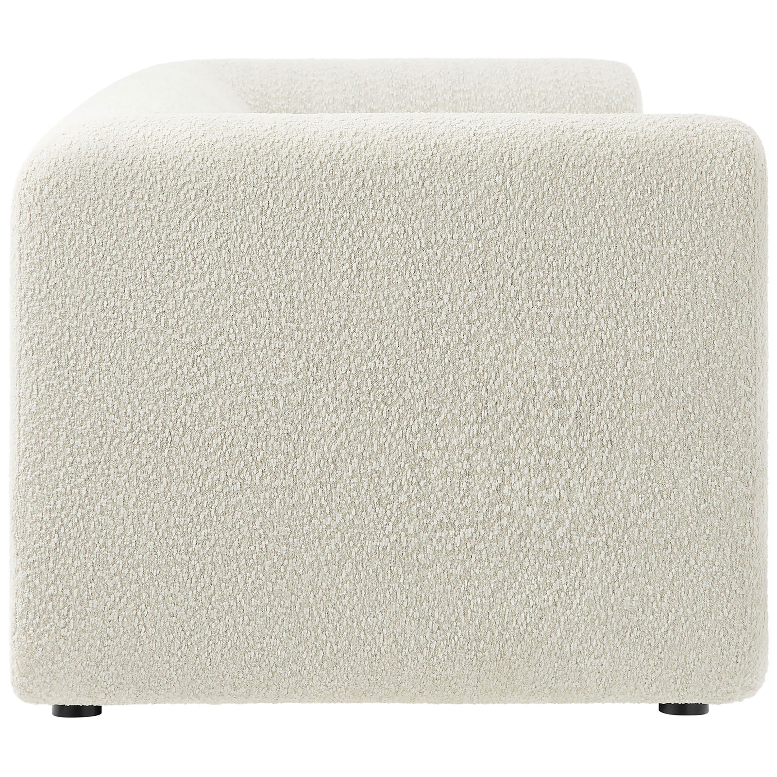 Thickly padded boucle arm and deep seat showcase the sofa's modern boxy profile || EEI-7280-PRL || side_studio