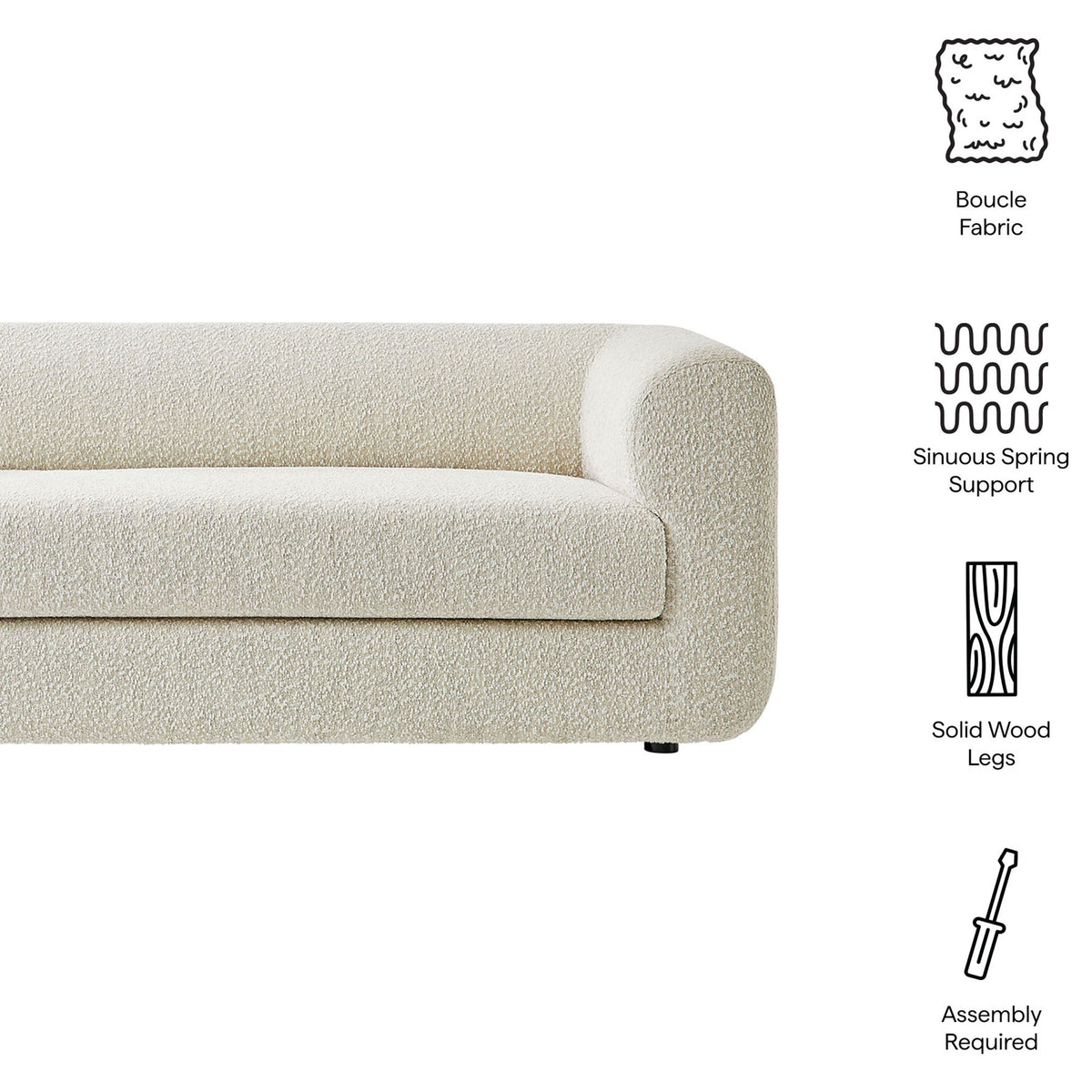 Feature icons highlight the sofa's boucle fabric, spring support, solid wood legs, and easy assembly || EEI-7280-PRL || callout_studio