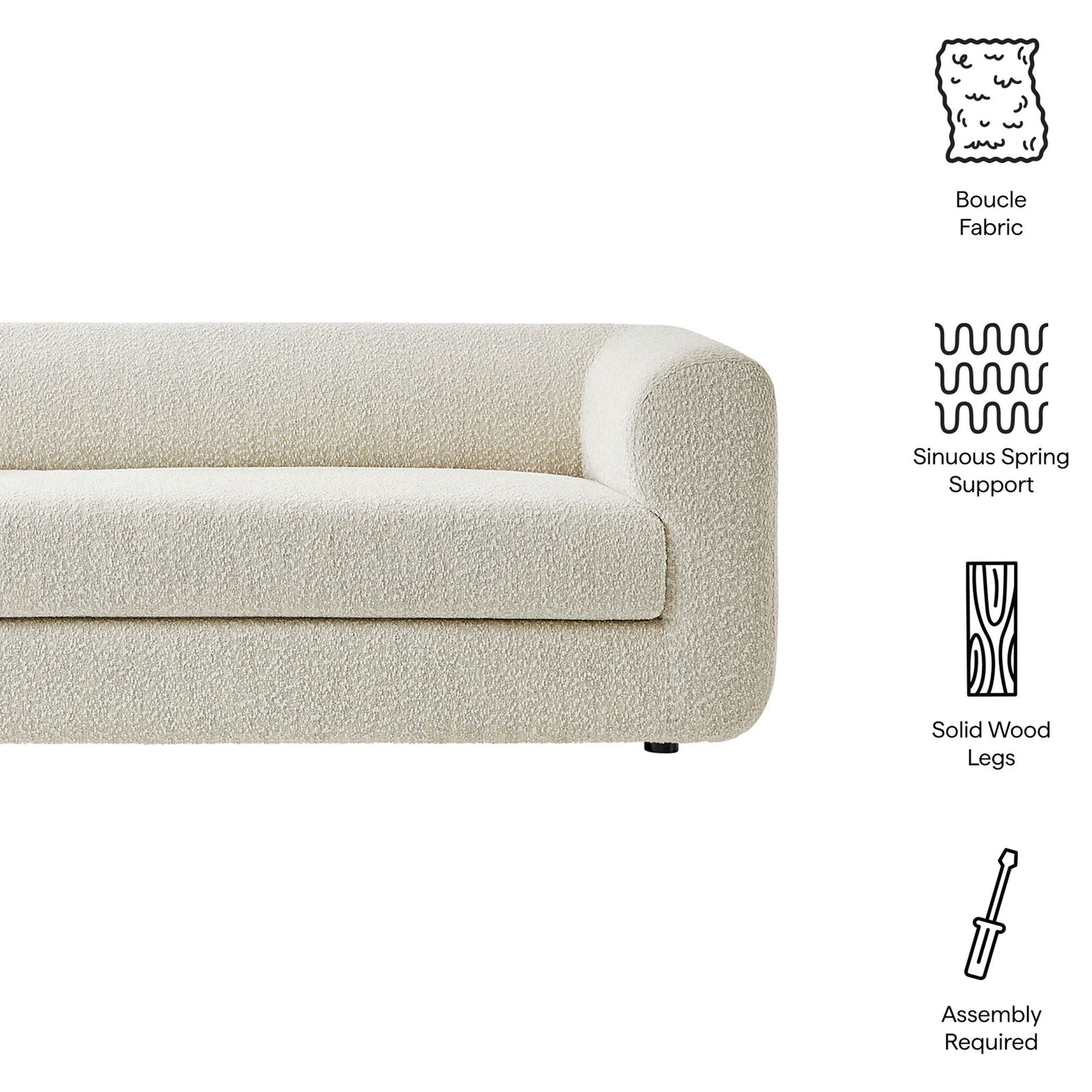 Feature icons highlight the sofa's boucle fabric, spring support, solid wood legs, and easy assembly || EEI-7280-PRL || callout_studio