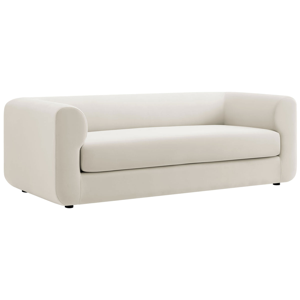 Sculptural modern sofa in soft alabaster velvet with generous single seat cushion and curved arms || EEI-7281-ALA || front_angle_studio