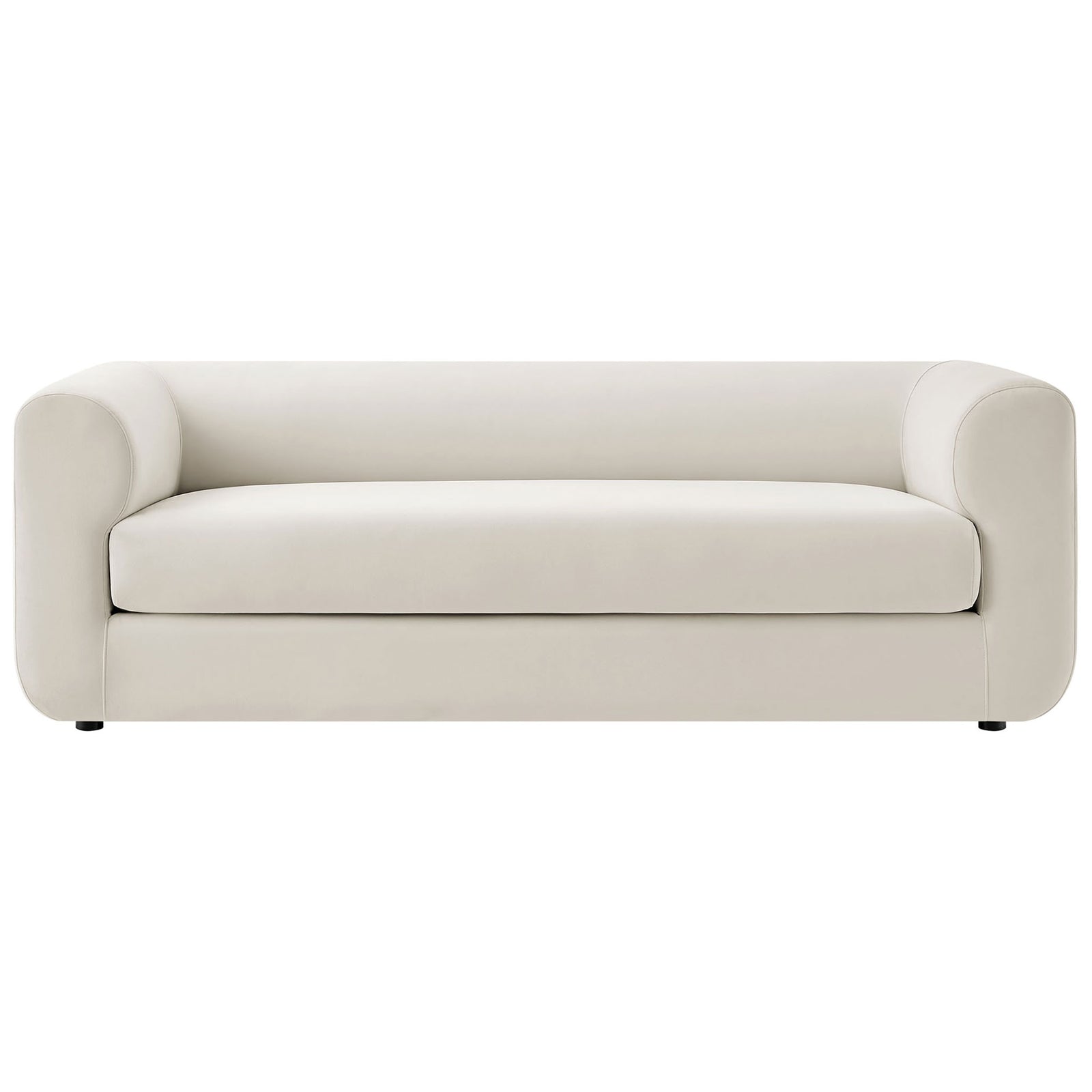 Alabaster performance velvet sofa with deep bench seat, rounded tuxedo arms, and low-profile legs || EEI-7281-ALA || front_studio