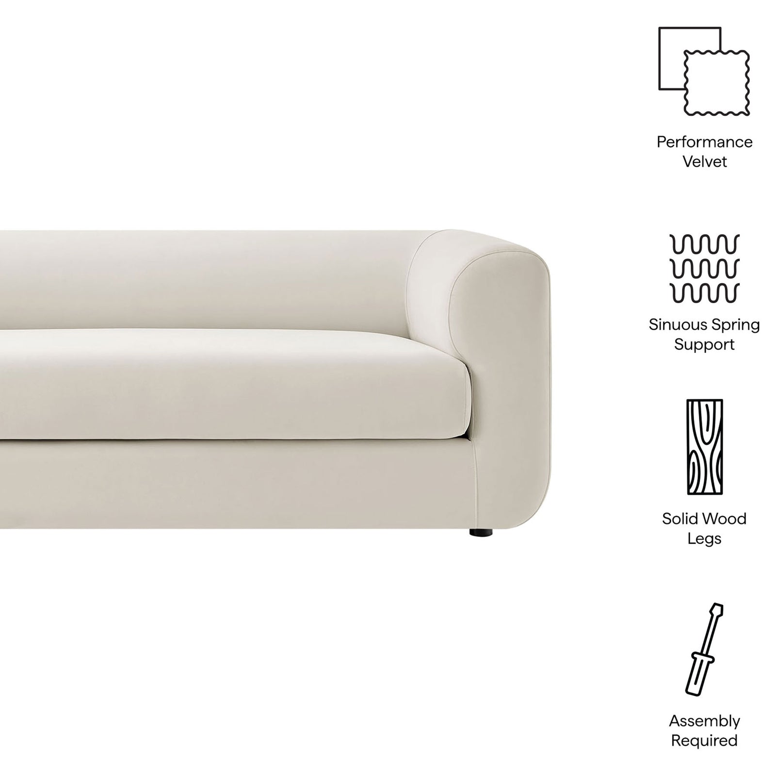 Leif sofa in alabaster velvet with icons calling out performance fabric, spring support, solid wood legs, and assembly || EEI-7281-ALA || callout_studio