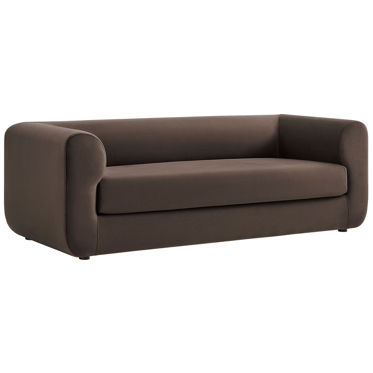 Chocolate brown velvet tuxedo sofa with smooth bench seat and rounded wraparound arms || EEI-7281-CHB || front_angle_studio