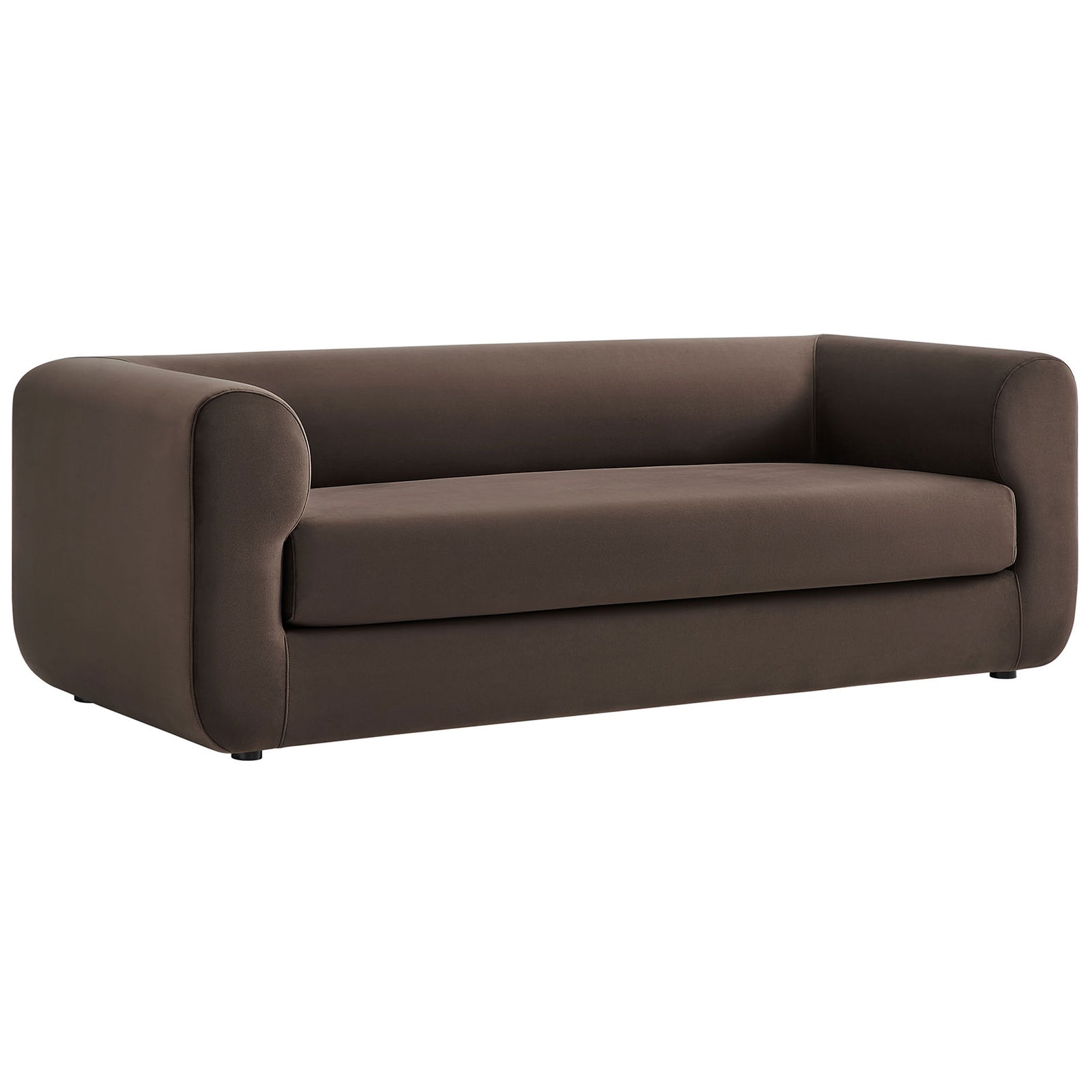 Chocolate brown velvet tuxedo sofa with smooth bench seat and rounded wraparound arms || EEI-7281-CHB || front_angle_studio