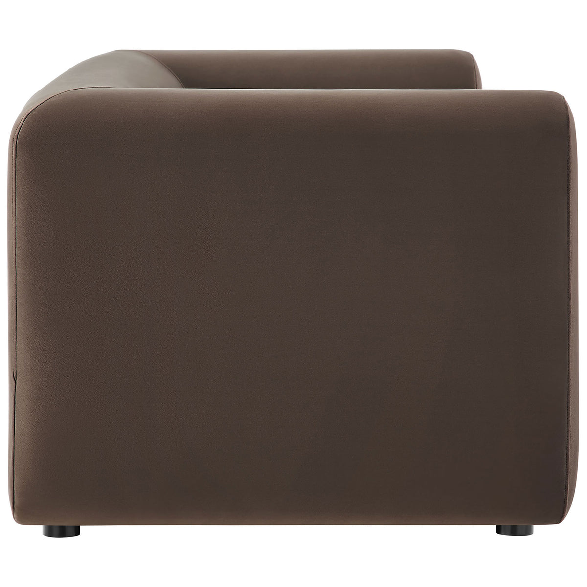 Plush chocolate brown velvet sofa showcasing its thick rounded arm and low-profile base || EEI-7281-CHB || side_studio