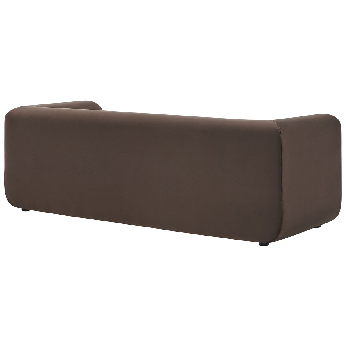 Chocolate brown velvet sofa with clean fully upholstered back and softly rounded corners || EEI-7281-CHB || back_angle_studio