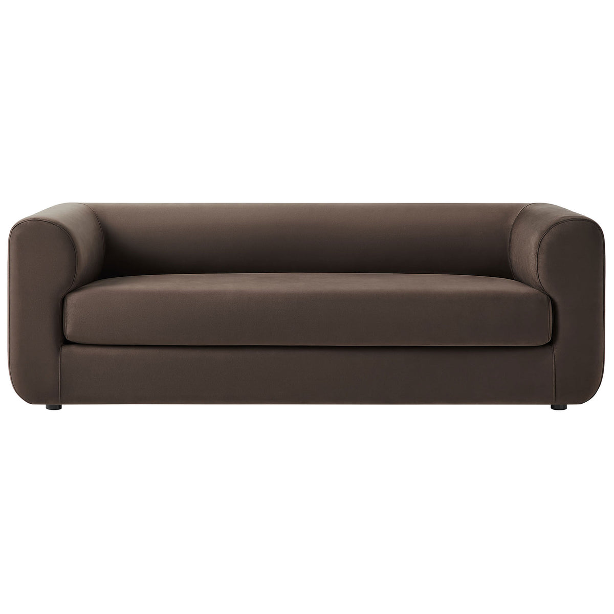 Wide modern velvet sofa in rich chocolate brown with low back and generous single bench cushion || EEI-7281-CHB || front_studio