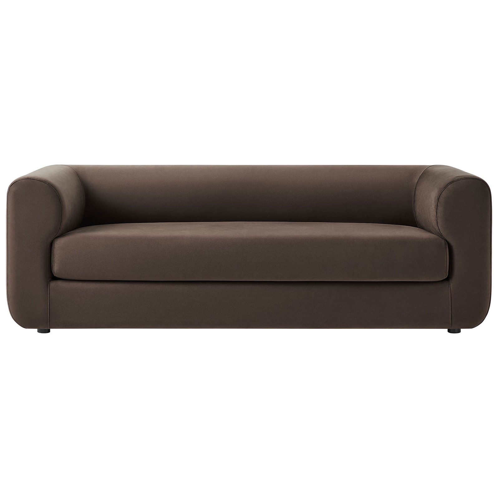 Wide modern velvet sofa in rich chocolate brown with low back and generous single bench cushion || EEI-7281-CHB || front_studio