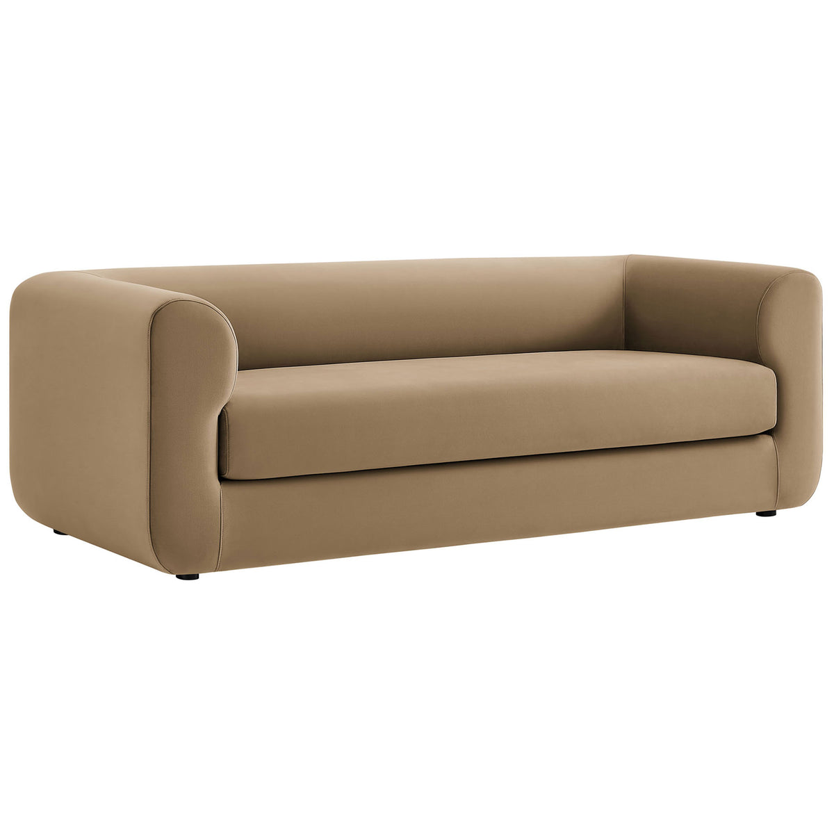 Streamlined Leif sofa in taupe performance velvet with plush bench cushion and softly curved silhouette || EEI-7281-TAU || front_angle_studio