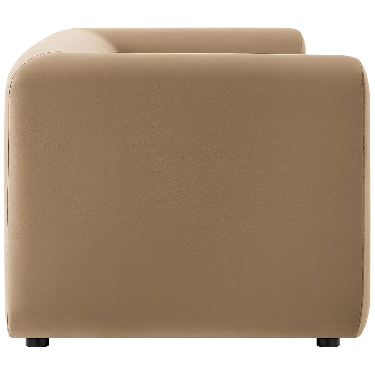 Low-profile taupe velvet sofa with smooth, fully upholstered side and subtly rounded corners || EEI-7281-TAU || side_studio