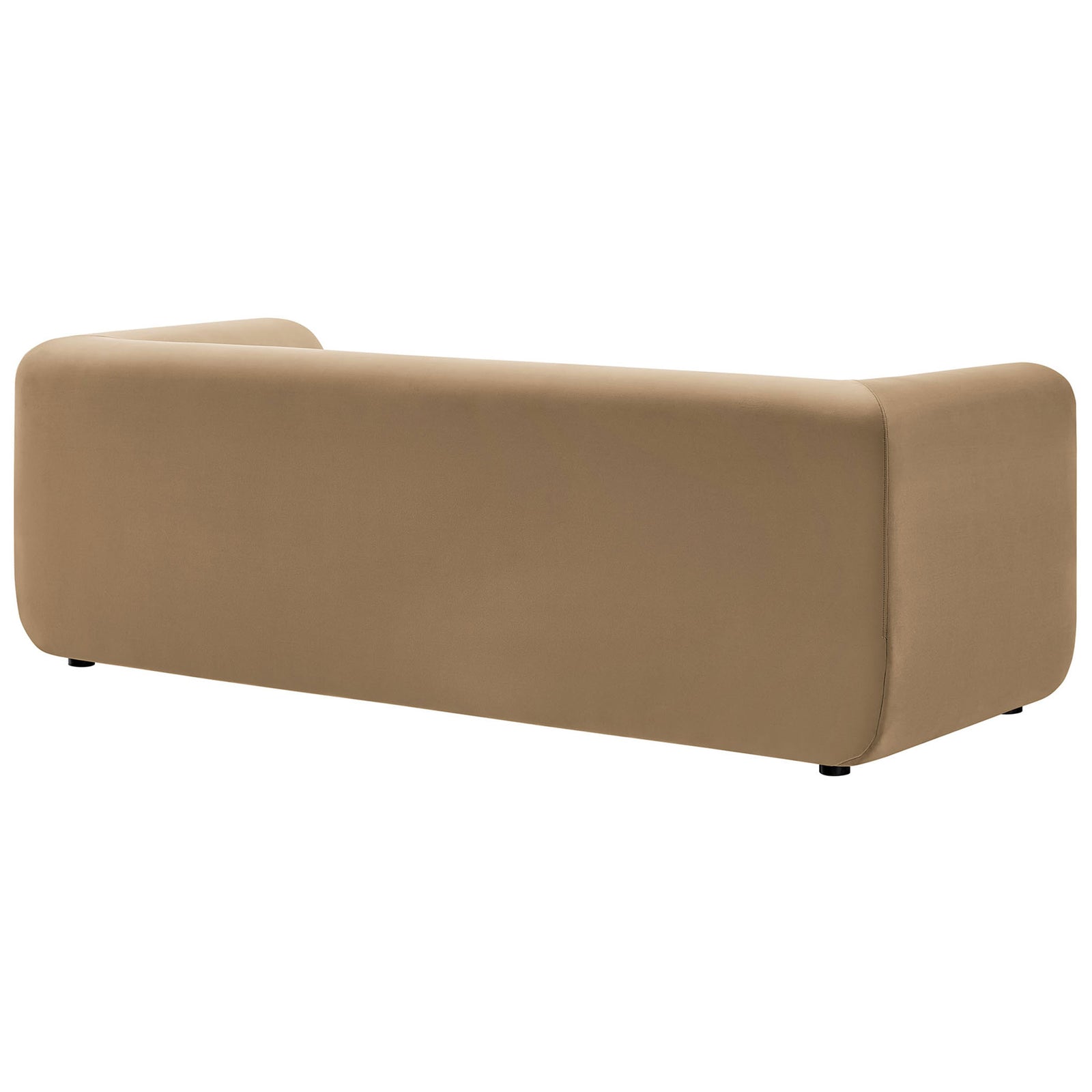 Sculptural back profile of the taupe velvet sofa with continuous curves and clean, minimalist lines || EEI-7281-TAU || back_angle_studio