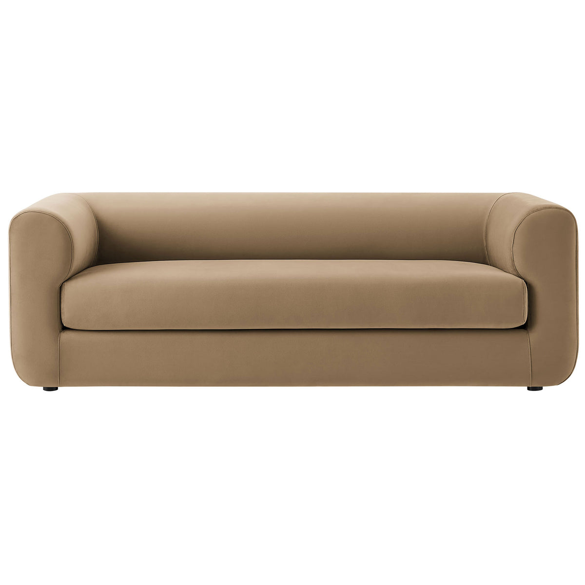 Taupe performance velvet sofa with deep bench seat and rounded tuxedo arms for sleek modern lounging || EEI-7281-TAU || front_studio
