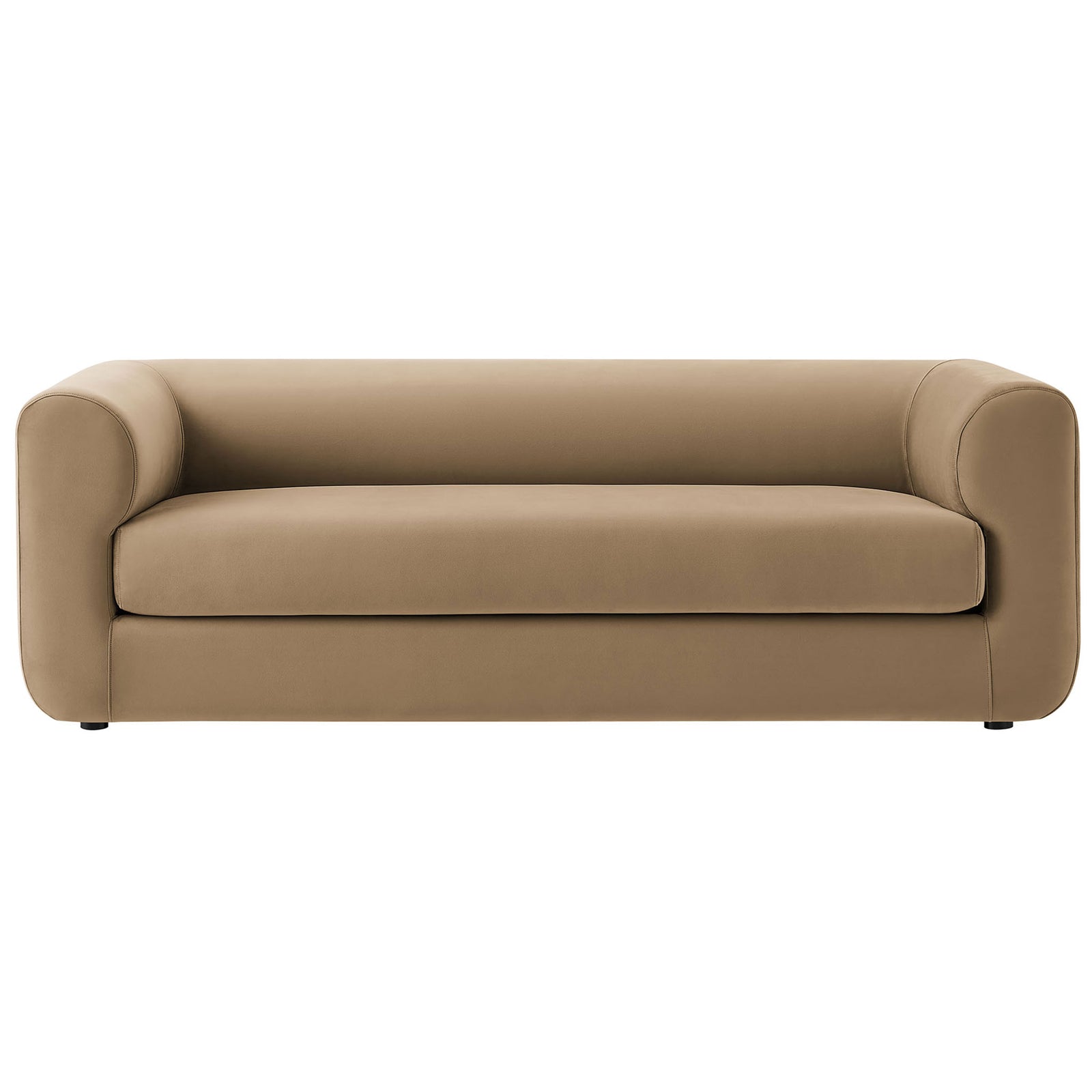 Taupe performance velvet sofa with deep bench seat and rounded tuxedo arms for sleek modern lounging || EEI-7281-TAU || front_studio