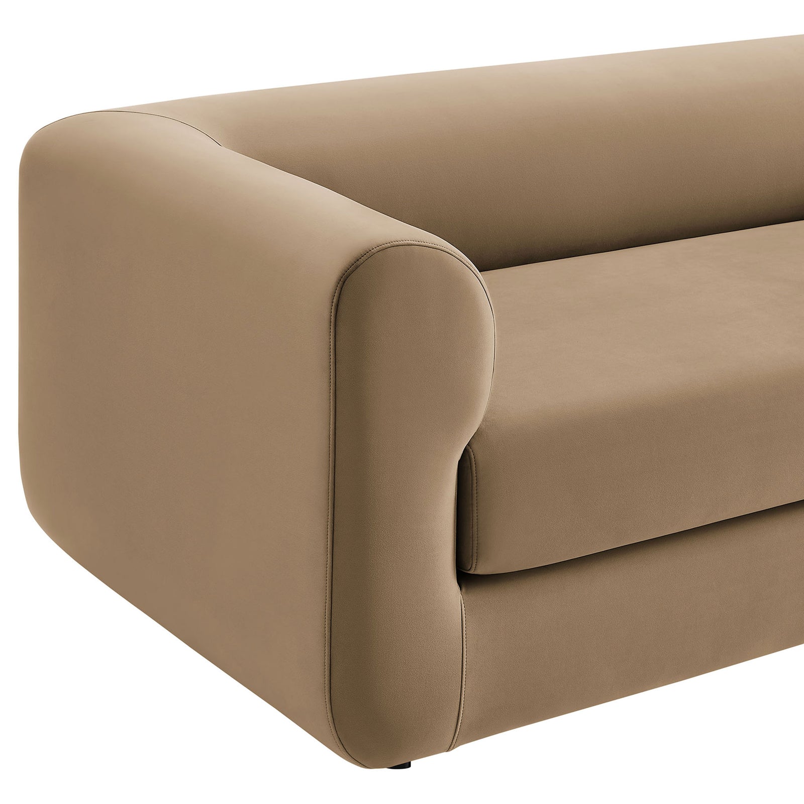 Rounded roll arm and tailored stitching highlight the plush taupe performance velvet upholstery || EEI-7281-TAU || detail_studio