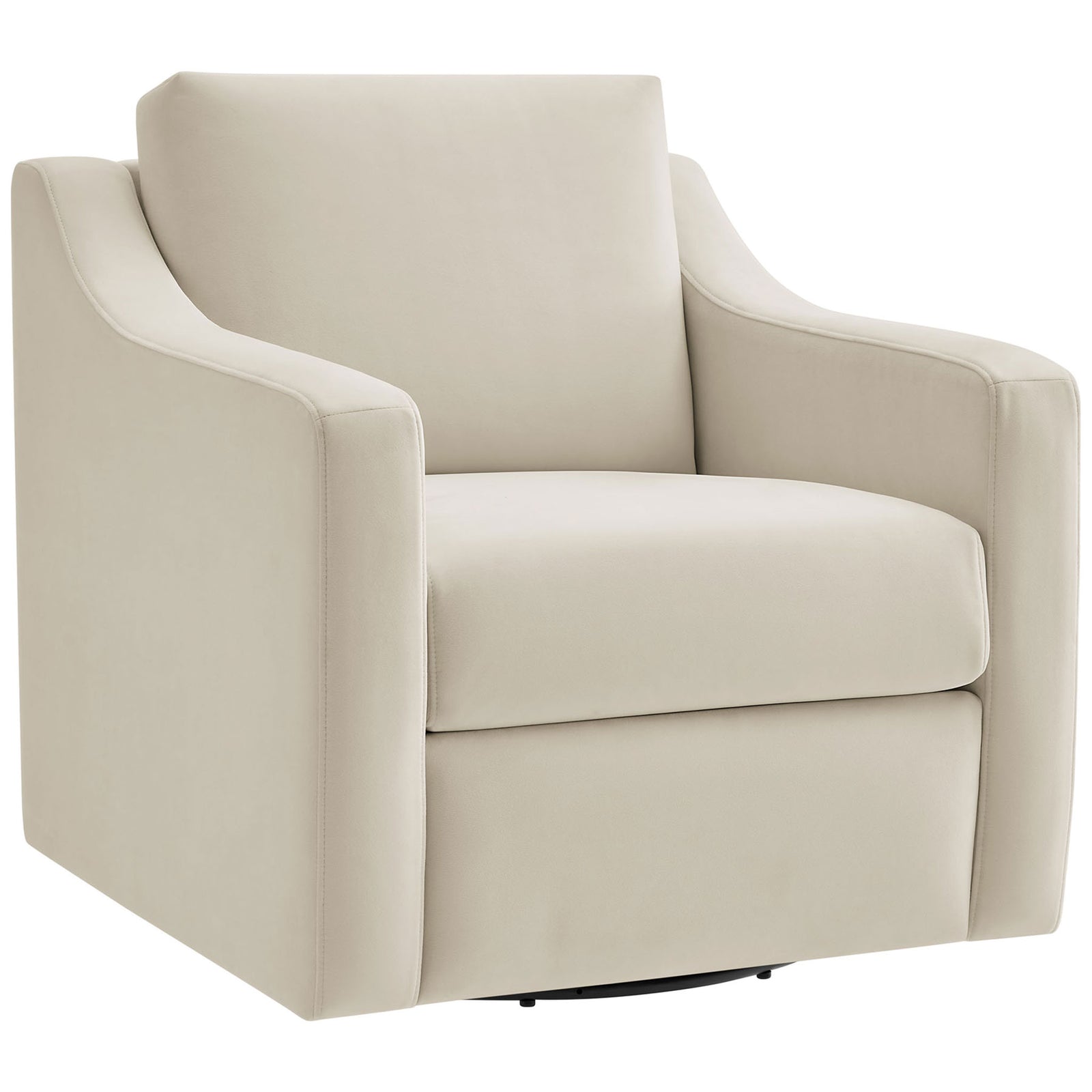 Plush alabaster performance velvet armchair with gently curved arms and a concealed swivel base. || EEI-7282-ALA || front_angle_studio